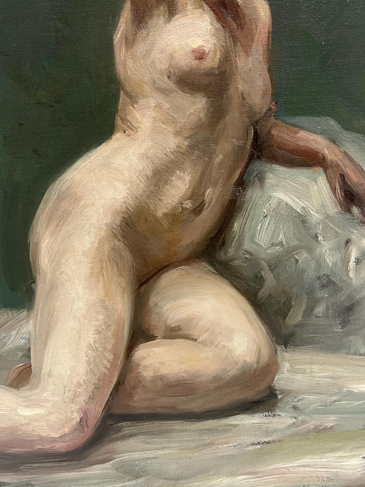 1890's French Impressionist Oil Painting Studio Portrait of a Nude Lady Model For Sale 3