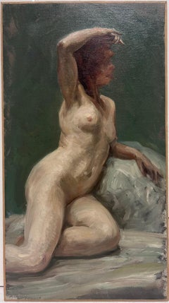 Antique 1890's French Impressionist Oil Painting Studio Portrait of a Nude Lady Model