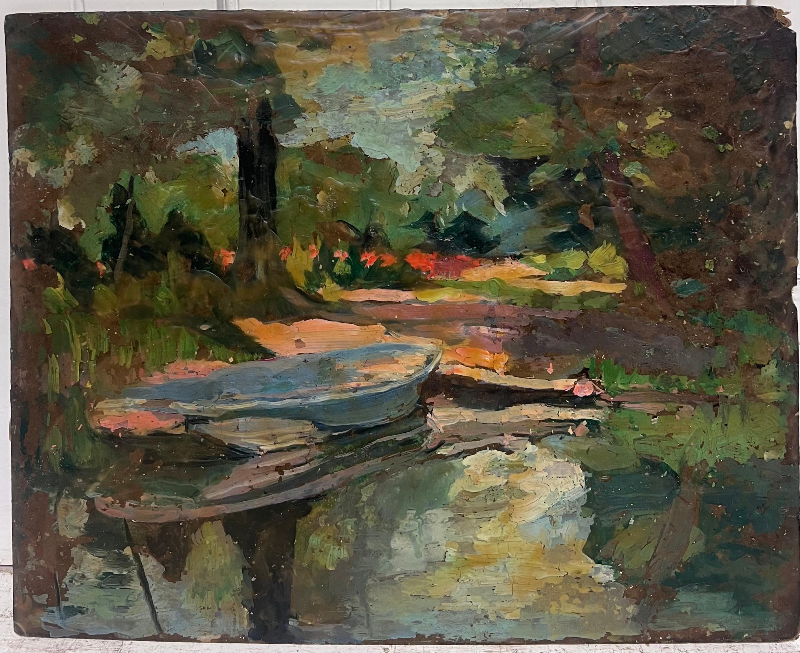Antique French Impressionist Ölskizze Alte Boote am Ufer unter einem Baum vertäut – Painting von French Impressionist oil