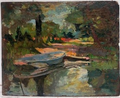 Antique French Impressionist Ölskizze Alte Boote am Ufer unter einem Baum vertäut