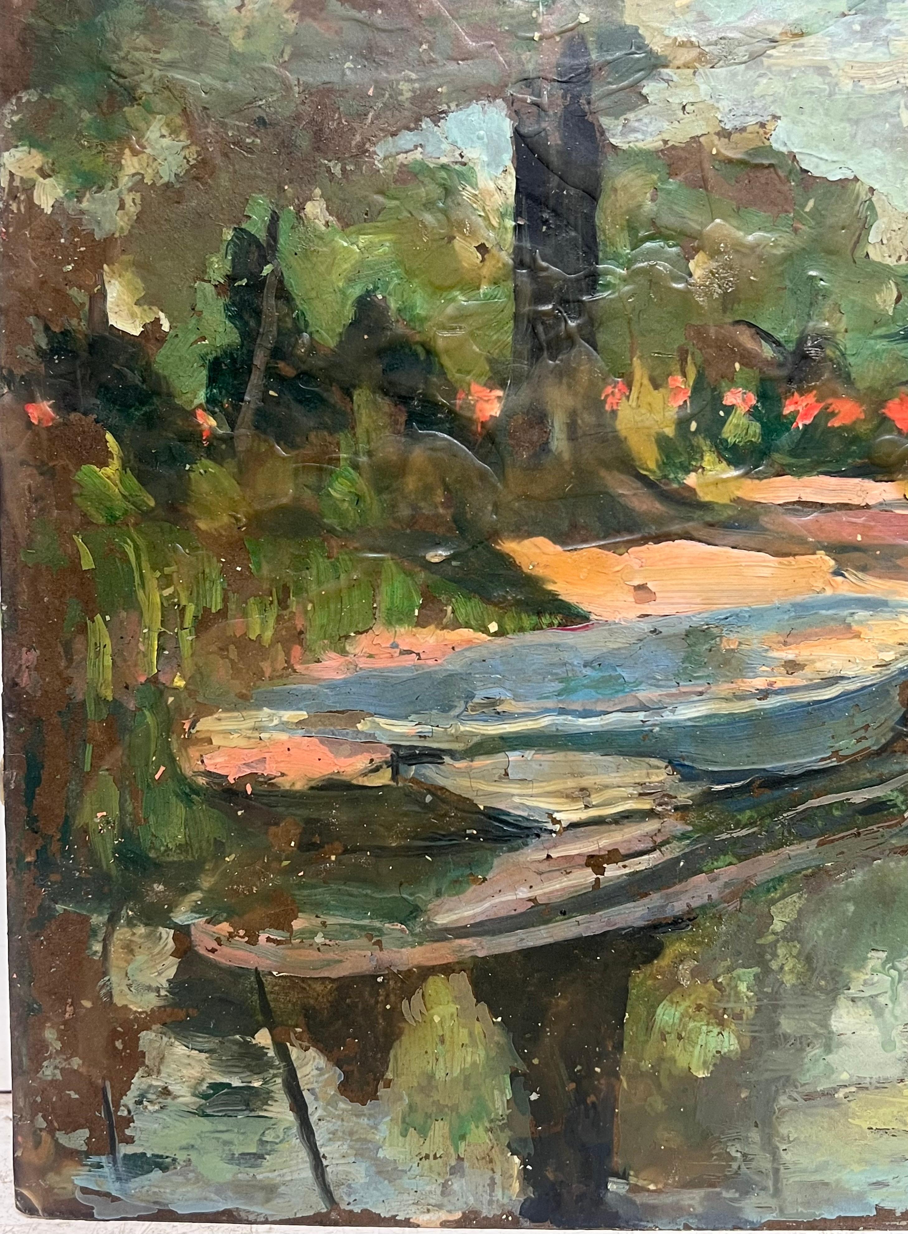 Antique French Impressionist Ölskizze Alte Boote am Ufer unter einem Baum vertäut (Impressionismus), Painting, von French Impressionist oil