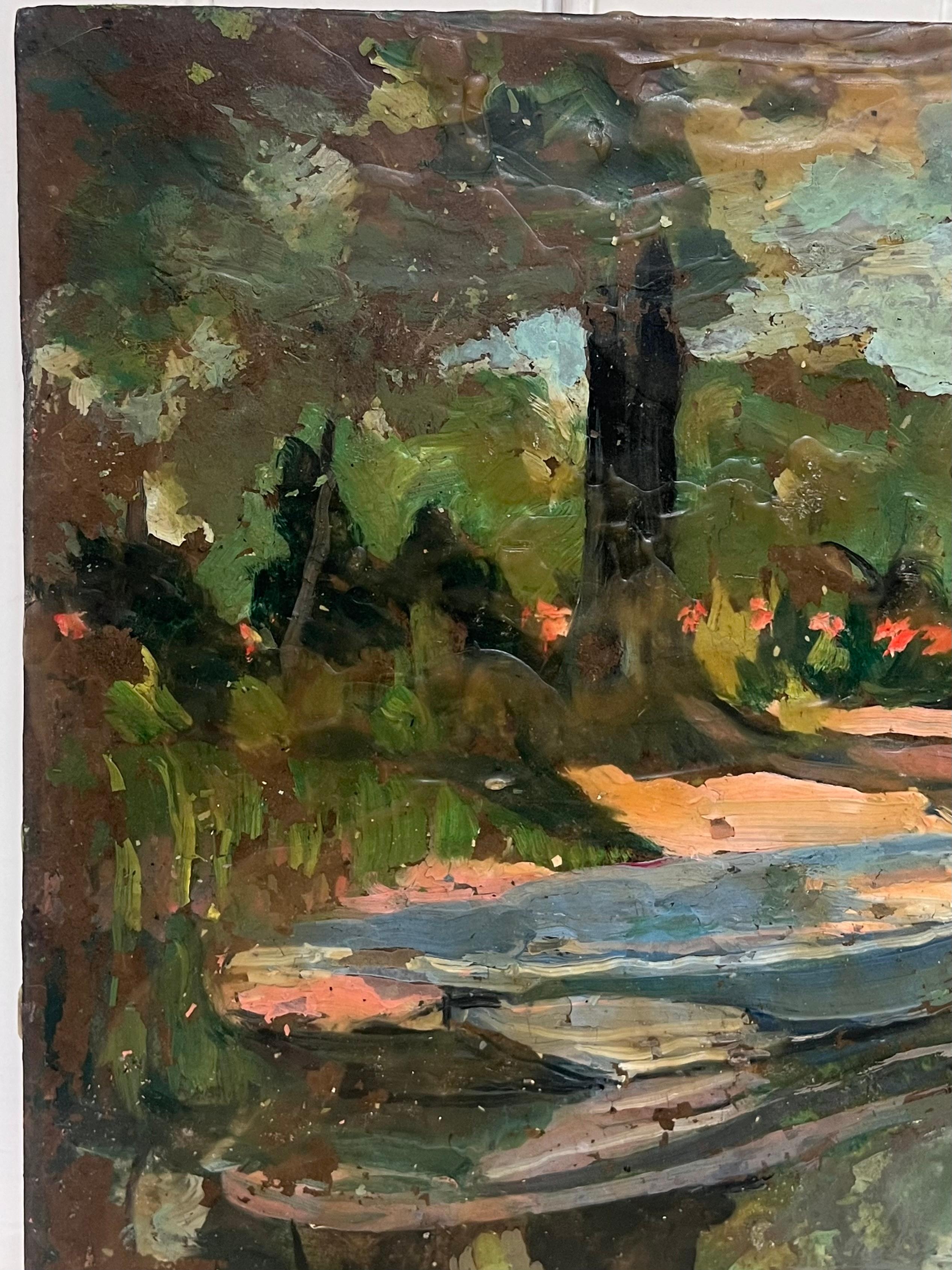 Antique French Impressionist Ölskizze Alte Boote am Ufer unter einem Baum vertäut (Schwarz), Landscape Painting, von French Impressionist oil