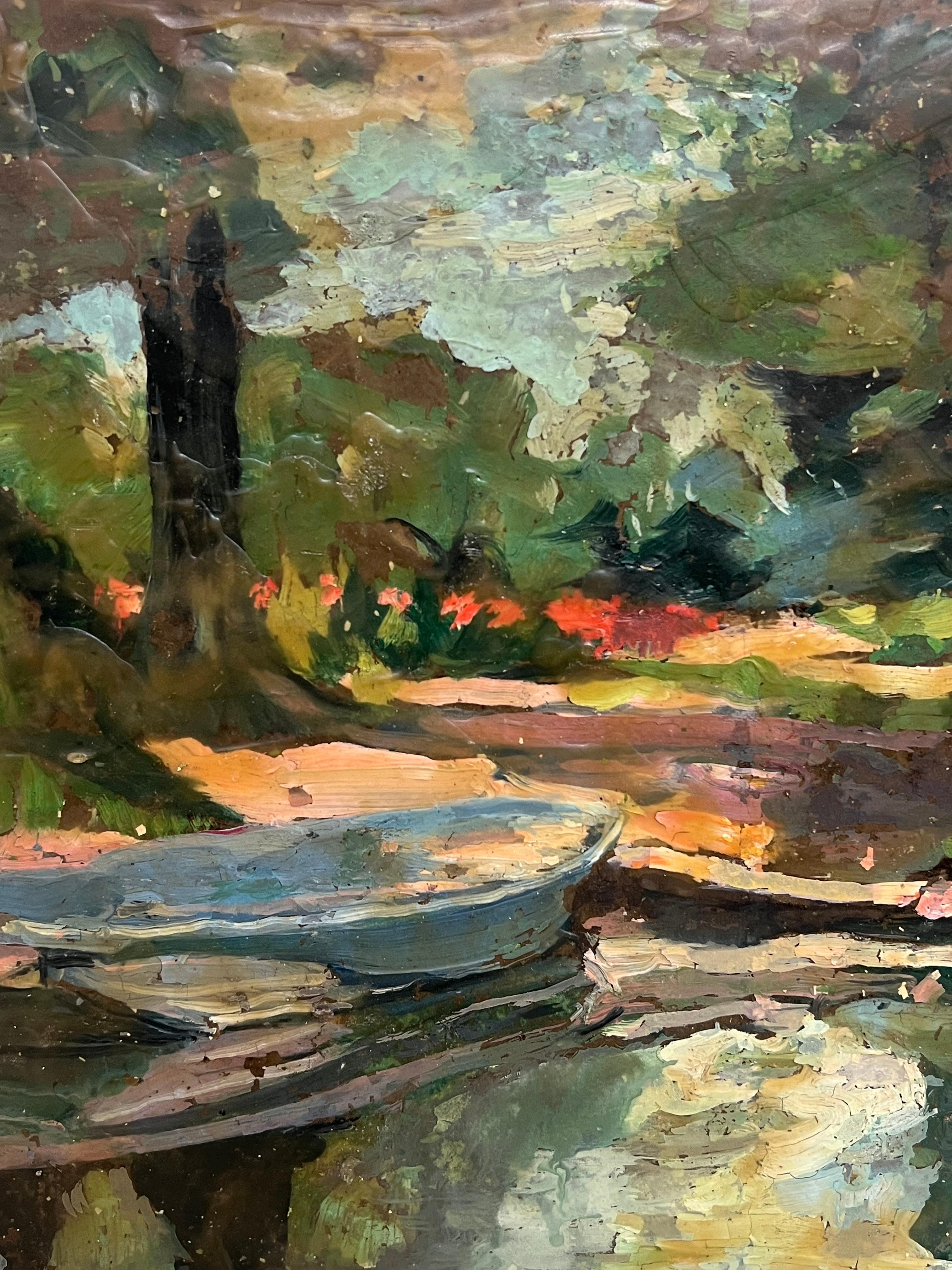 Boote unter den Bäumen
Französischer Impressionist, Ende 19. Jahrhundert, unsigniert
Öl auf Karton
Brett: 13 x 16 Zoll
Provenienz: Privatsammlung
Zustand: die Kanten und Ecken sind ein wenig abgenutzt, aber das ist alles Teil seines Charmes und