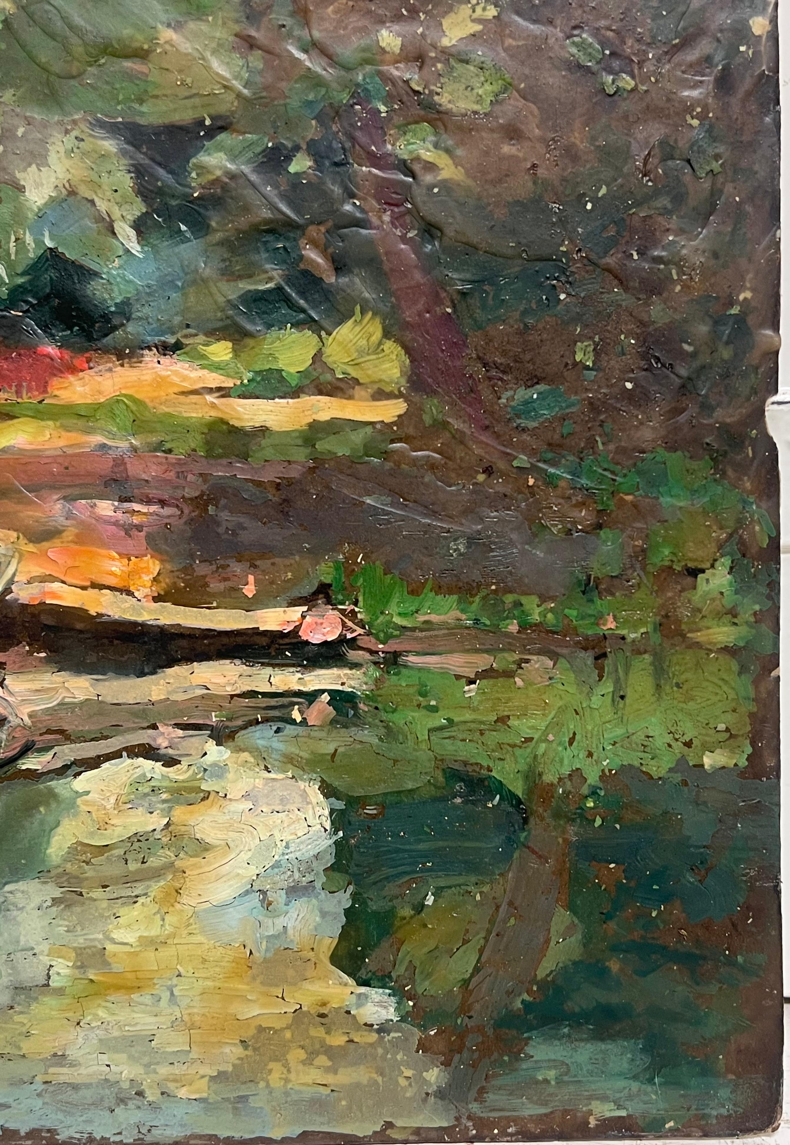 Antique French Impressionist Ölskizze Alte Boote am Ufer unter einem Baum vertäut im Angebot 1