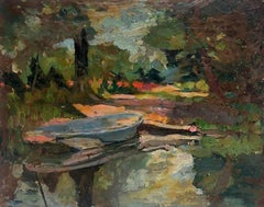 Antique French Impressionist Oil Sketch Old Boats Moored on Riverside under Tree