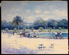Figures In The Busy Jardin Luxembourg Parisian Gardens Signed Oil Landscape