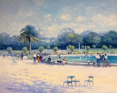Figures In The Busy Jardin Luxembourg Parisian Gardens Signed Oil Landscape