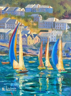 Large 20th Century French Impressionist Signed Oil Blue Sea Sailing Boats Harbor
