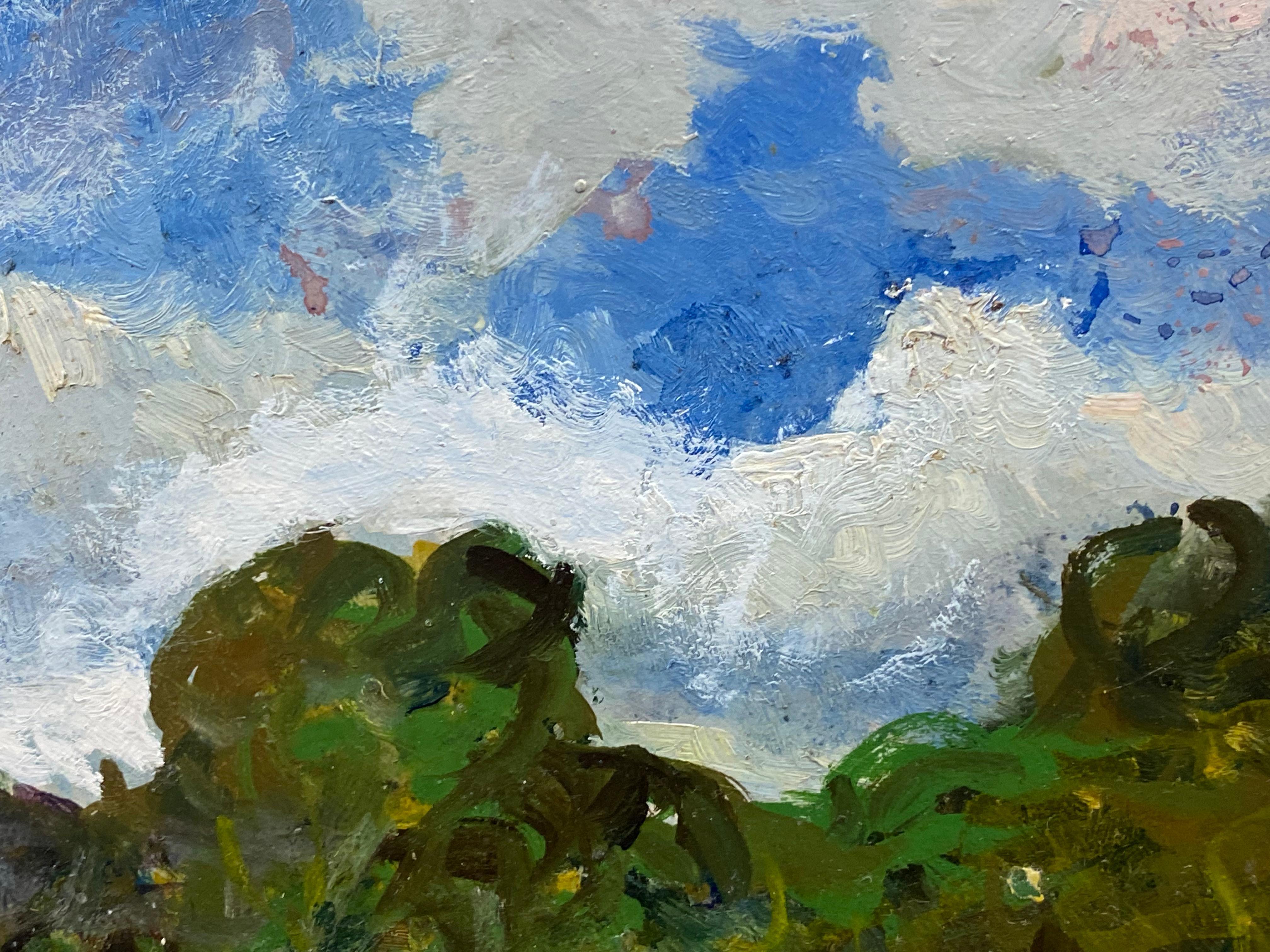 Französisches impressionistisches Ölgemälde, pastorale Landschaft, üppige grüne Felder (Sonstiges) im Angebot