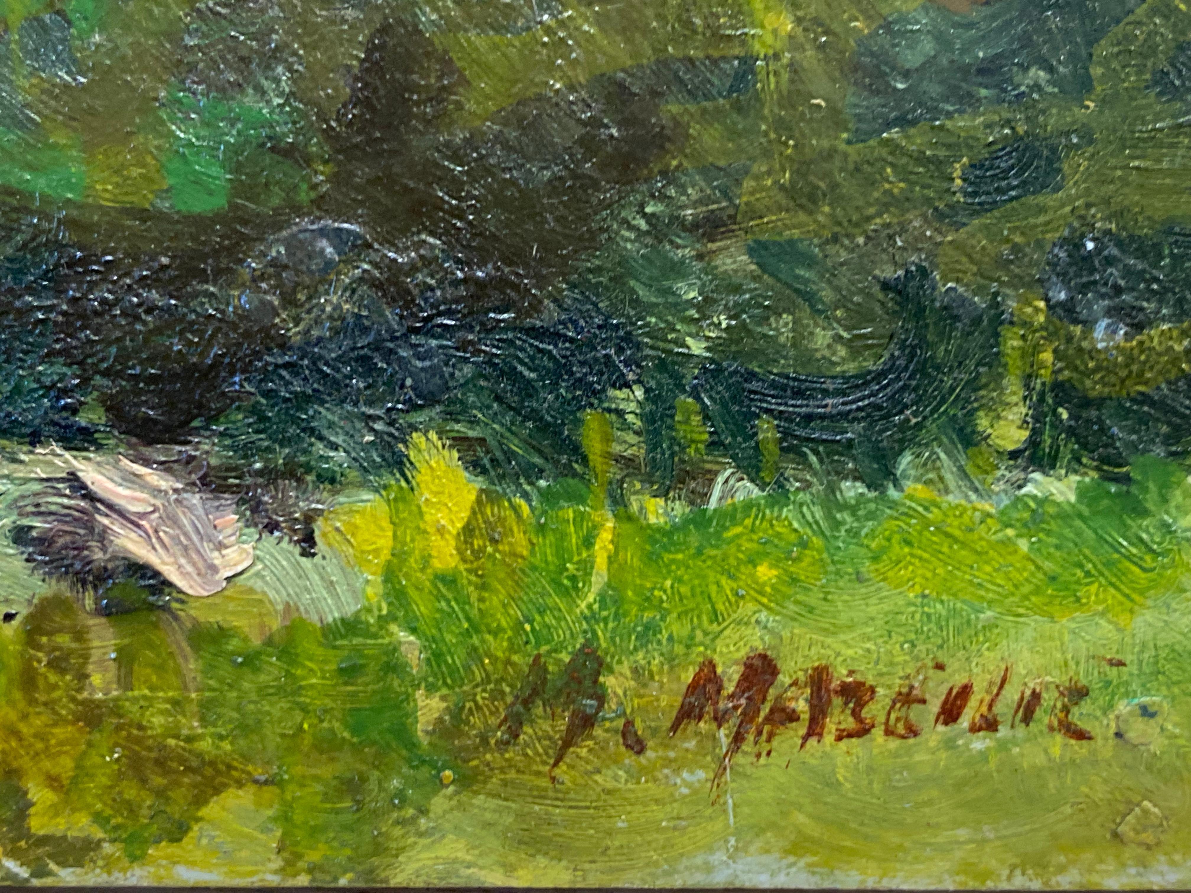 Französisches impressionistisches Ölgemälde, pastorale Landschaft, üppige grüne Felder im Angebot 1