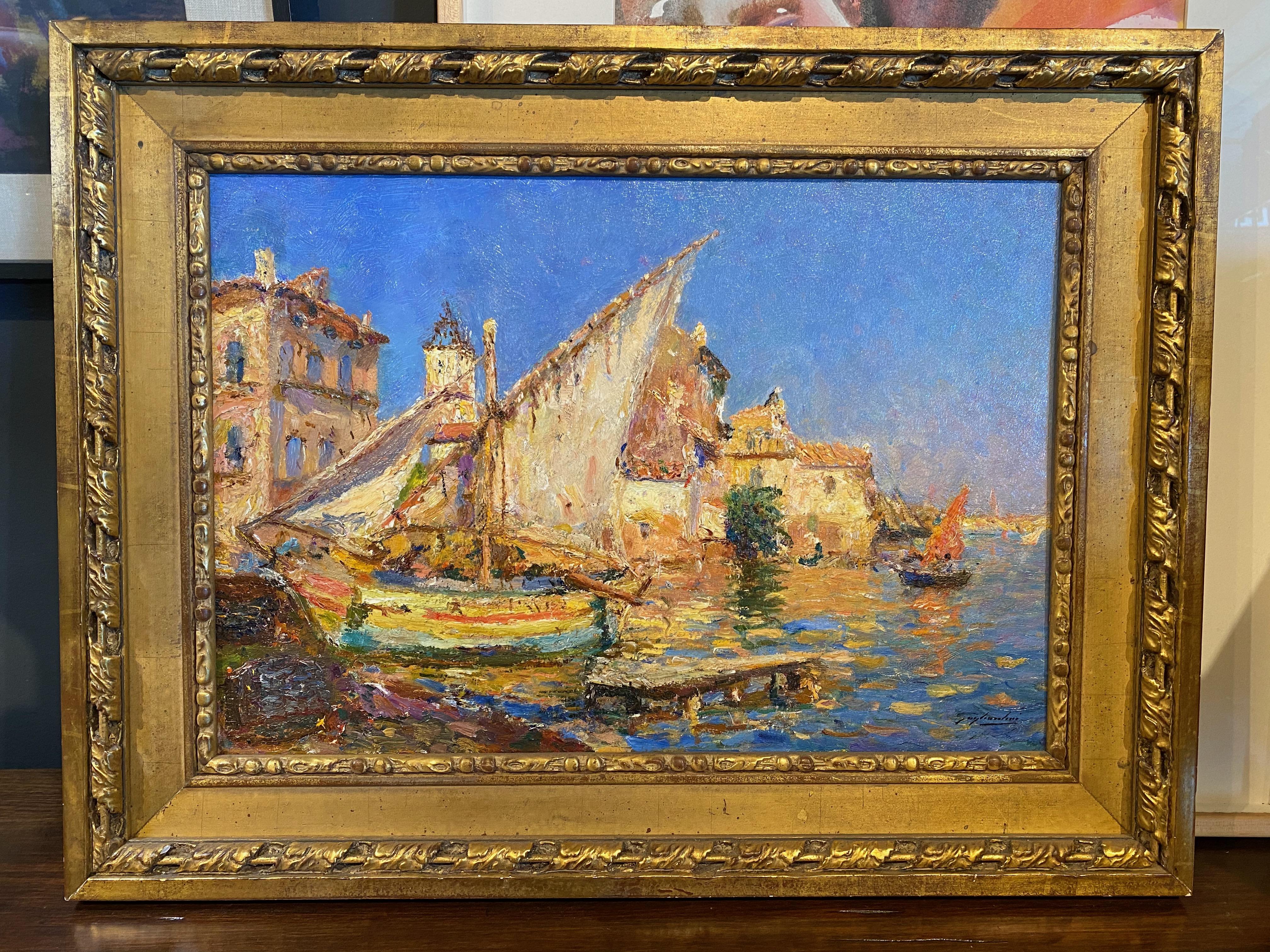 This a beautiful light-filled French Mediterranean fishing port scene by the listed French impressionist Julien G. Gagliardini (1846-1927). This oil-on-board was painted, circa 1880-1890.