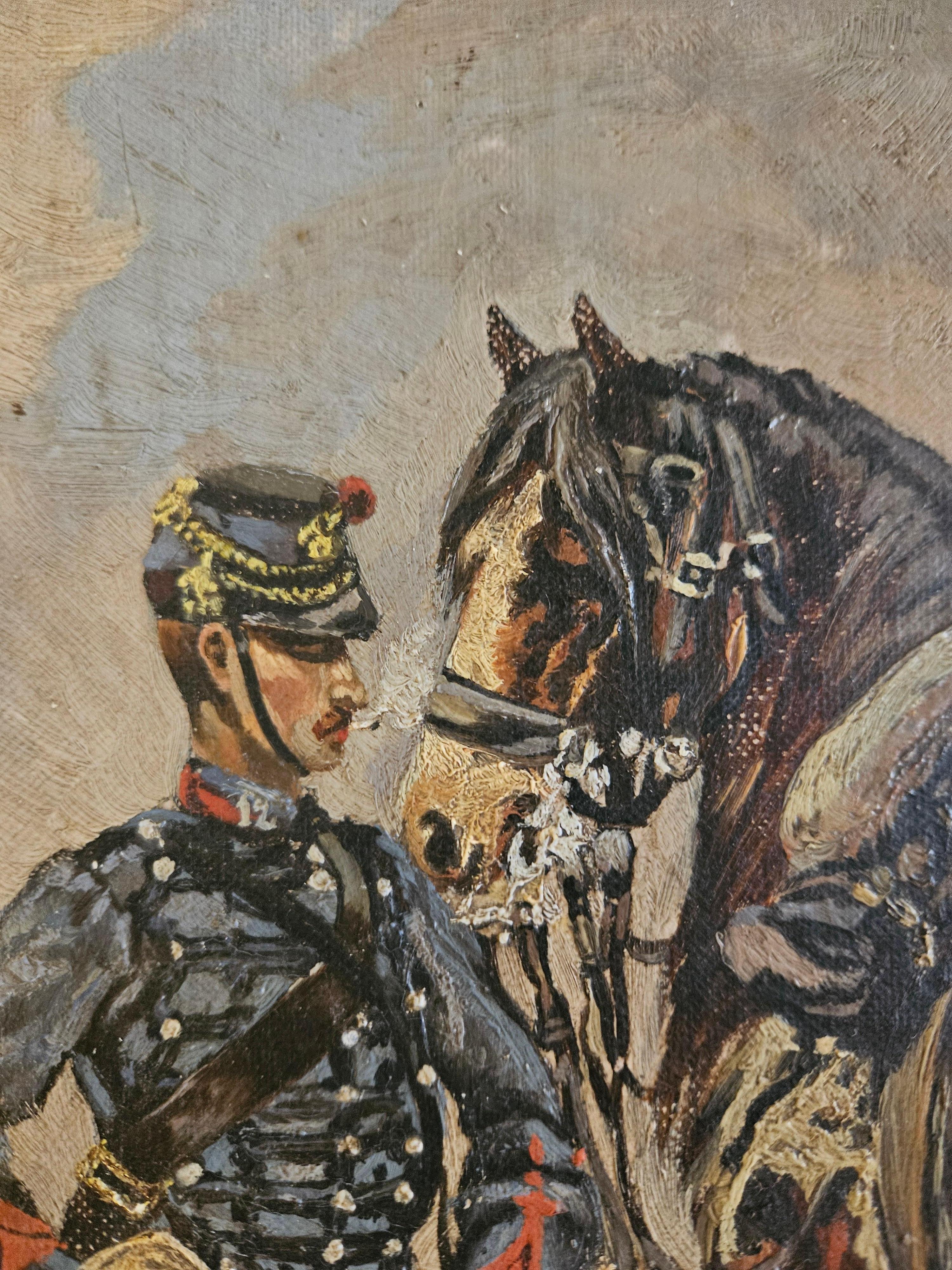 Hand-Painted French Impressionist Painting of a Cavalry Officer For Sale