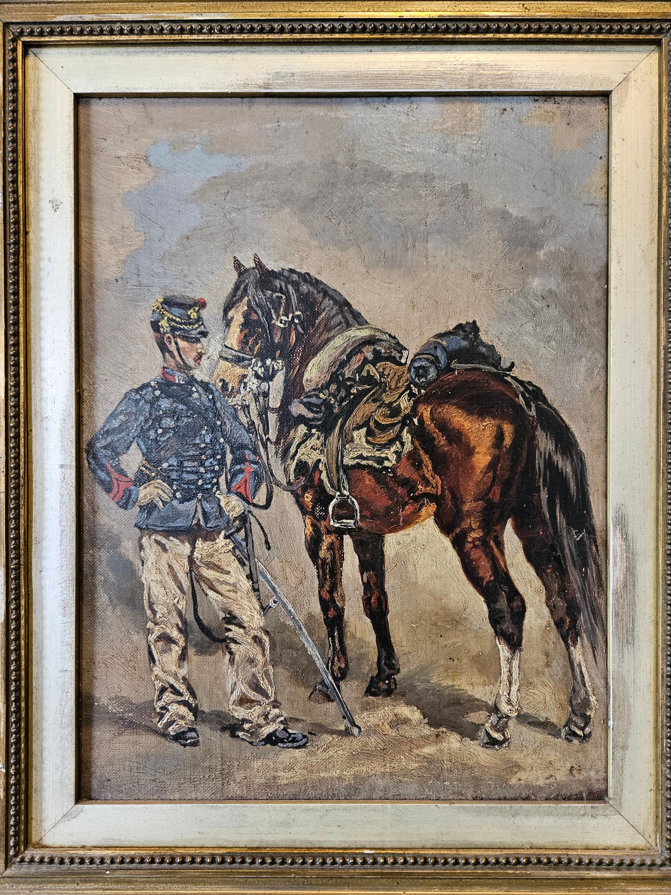 French Impressionist Painting of a Cavalry Officer In Good Condition For Sale In Kingsbridge, GB