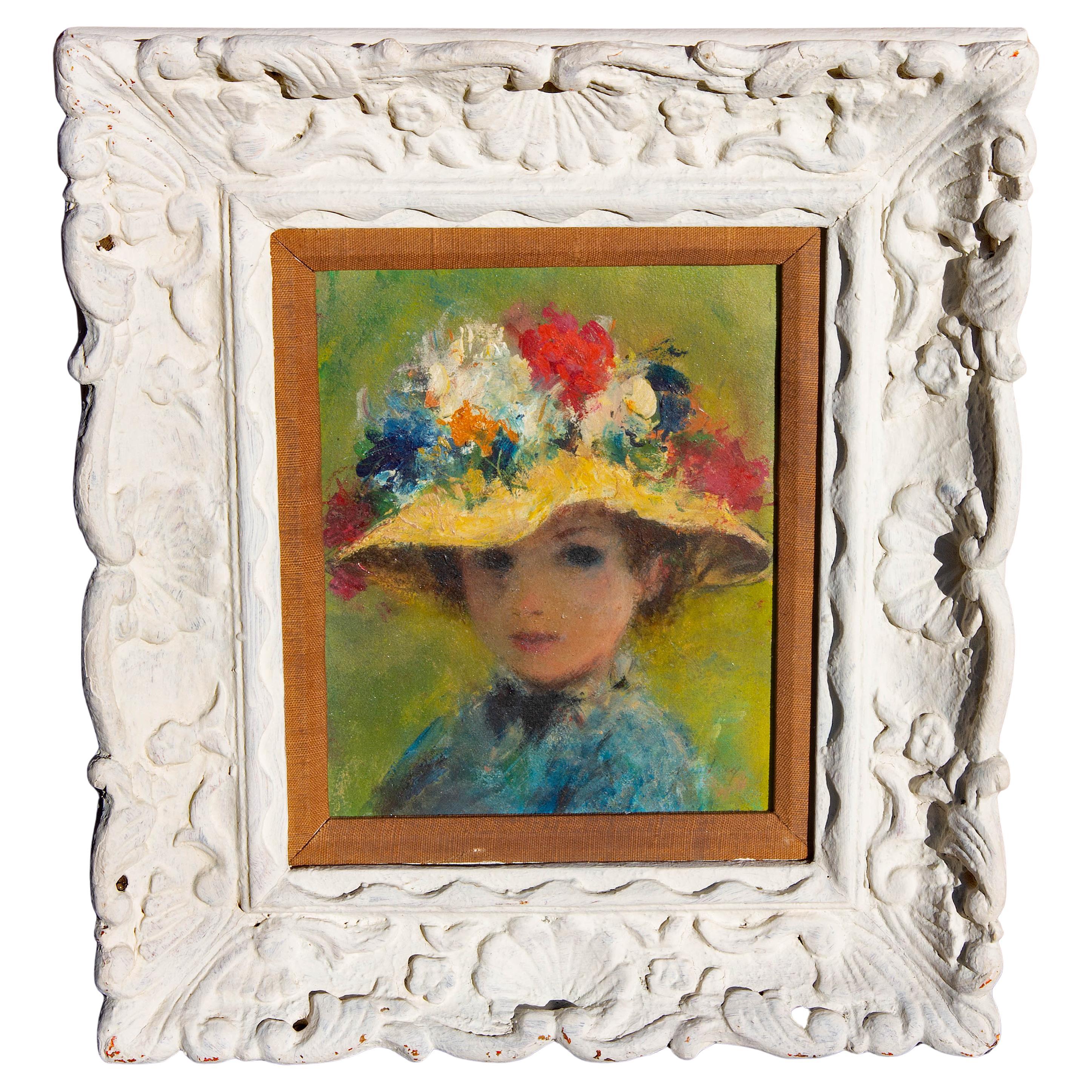 Un sorprendente ritratto impressionista francese di una giovane ragazza. Olio su tavola. Cornice originale intagliata. Circa anni '50. Firmato in modo illeggibile in basso a destra.