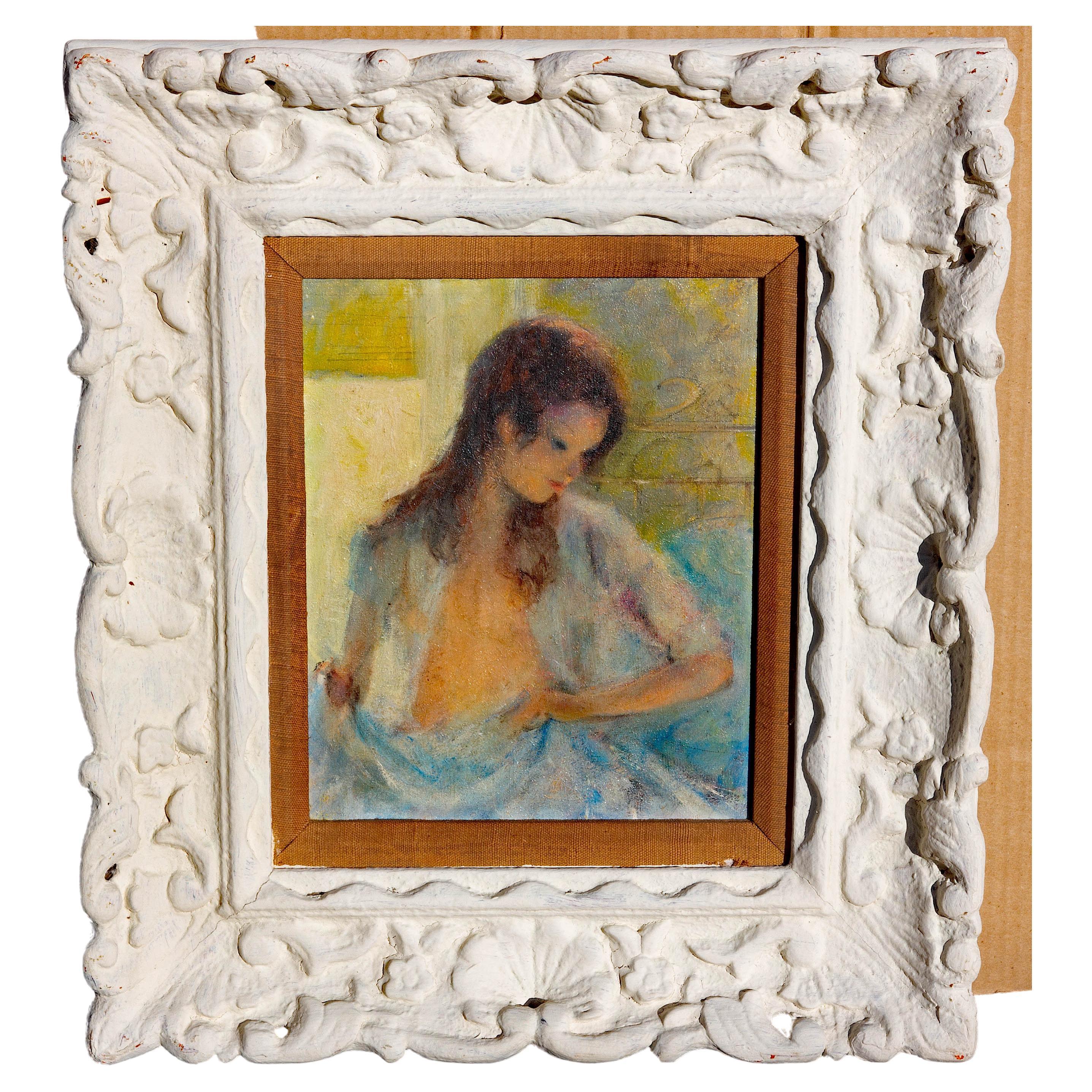  French impressionist boudoir portrait of a young girl. Oil on board. Original carved frame. Circa 1950's. Signed illegibly lower right.