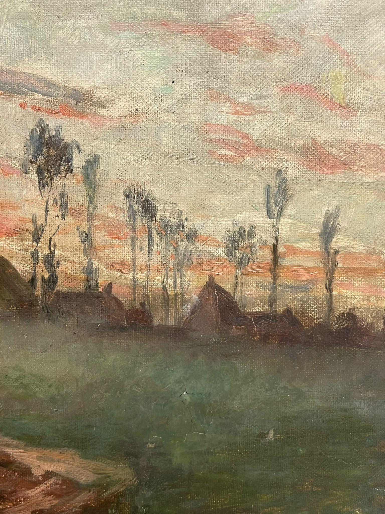Antique French Impressionist Pintura al óleo firmada Pajares en el campo al atardecer - Painting de French impressionist