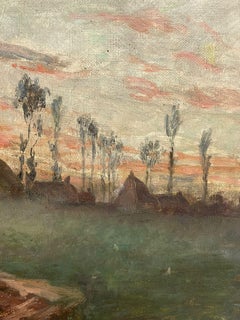Antique French Impressionist Signed Oil Painting Haystacks at Sunset in Field