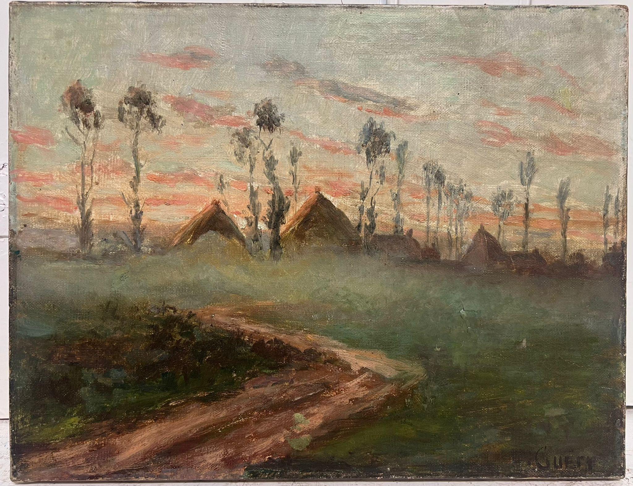 Antique French Impressionist Pintura al óleo firmada Pajares en el campo al atardecer - Painting Impresionista de French impressionist