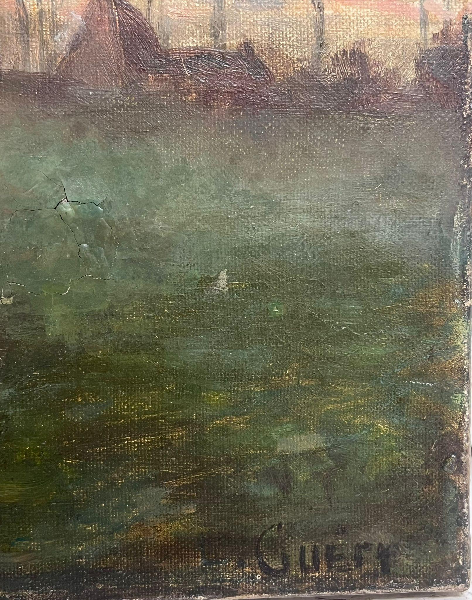 Antique French Impressionist Pintura al óleo firmada Pajares en el campo al atardecer - Landscape Painting Gris de French impressionist