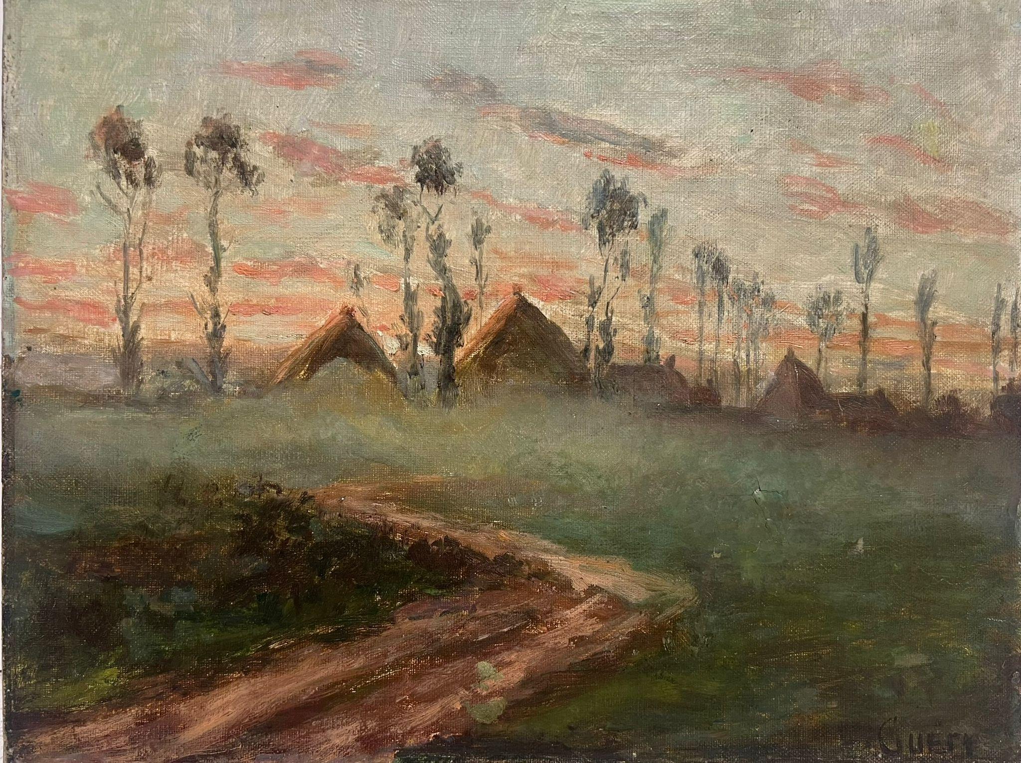 Antique French Impressionist Pintura al óleo firmada Pajares en el campo al atardecer