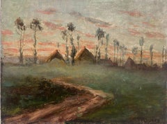 Antique French Impressionist Signed Oil Painting Haystacks at Sunset in Field