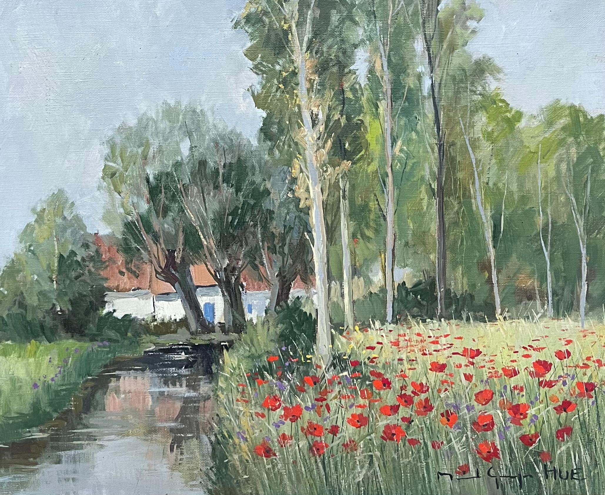 Pittura a olio d'epoca impressionista francese firmata Campi di papaveri vicino a un fiume tranquillo - Painting di French impressionist