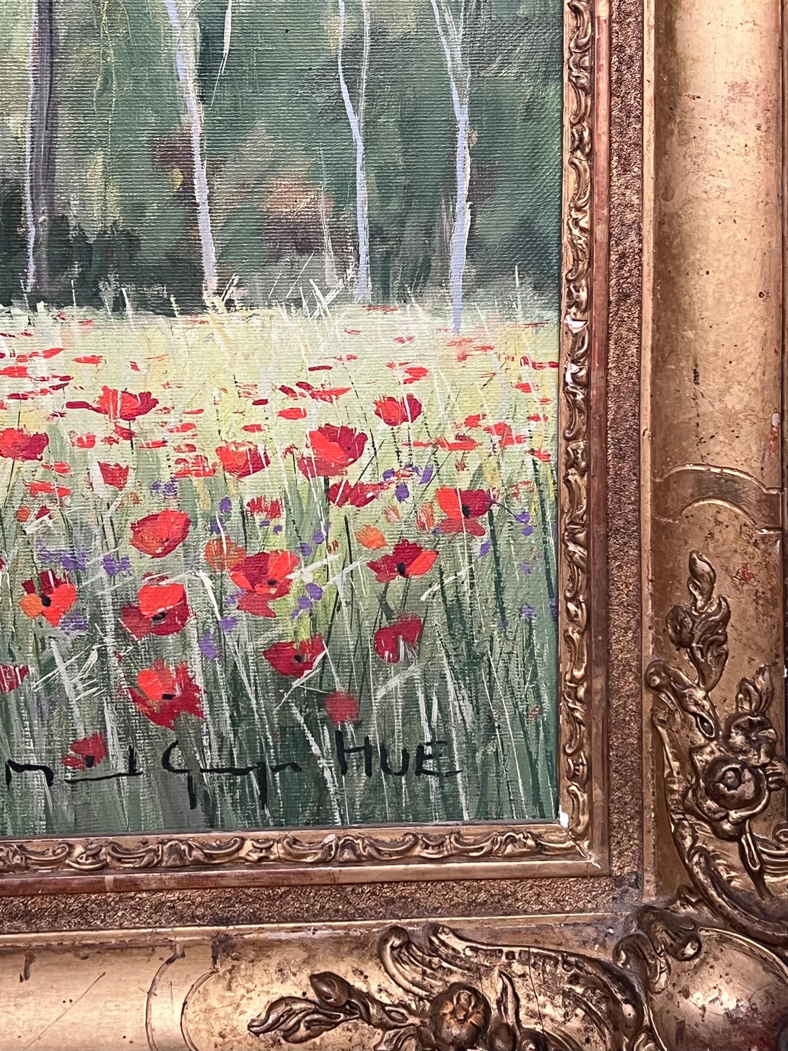 Pittura a olio d'epoca impressionista francese firmata Campi di papaveri vicino a un fiume tranquillo - Painting Impressionismo di French impressionist