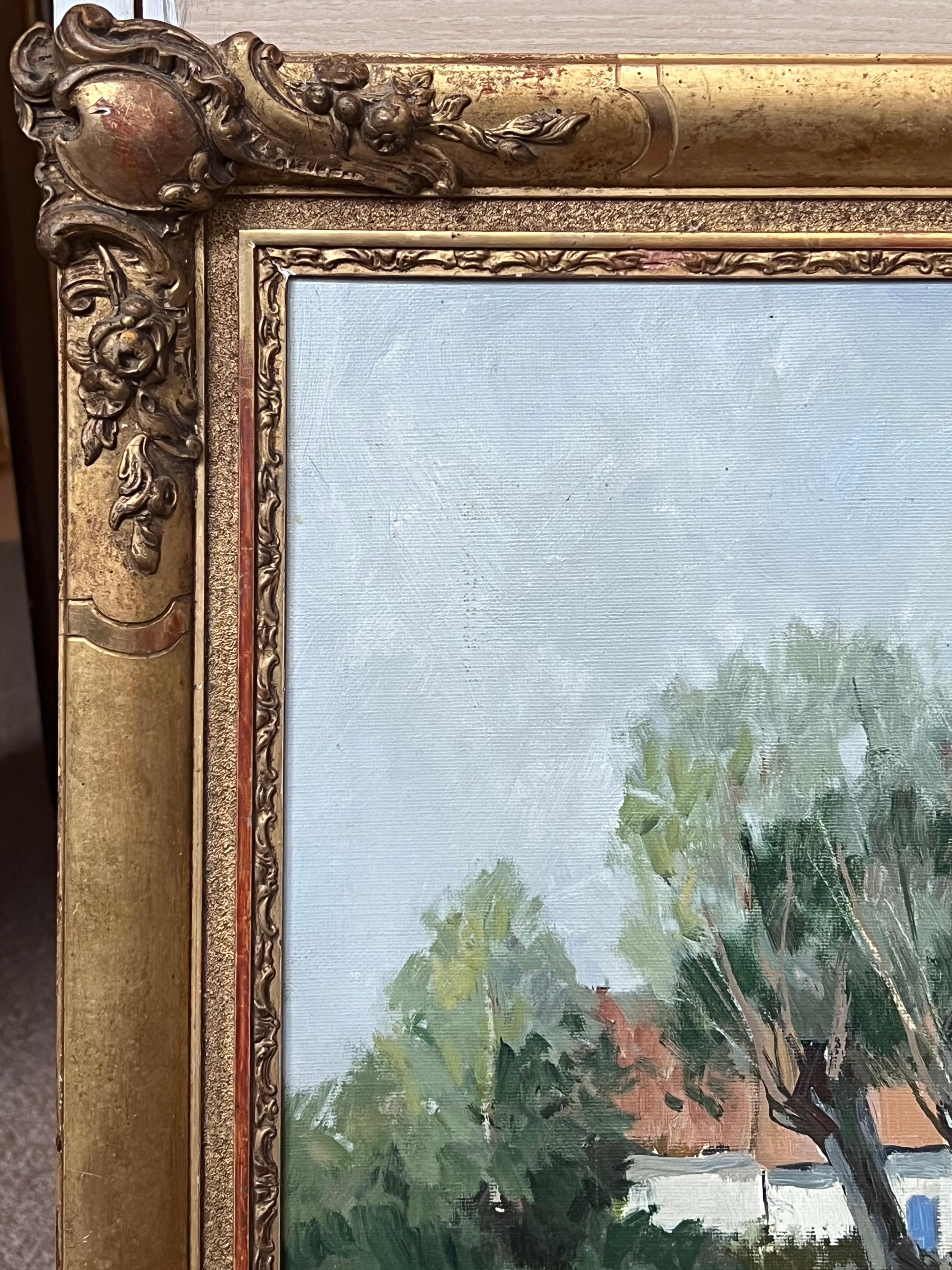 Pittura a olio d'epoca impressionista francese firmata Campi di papaveri vicino a un fiume tranquillo in vendita 1