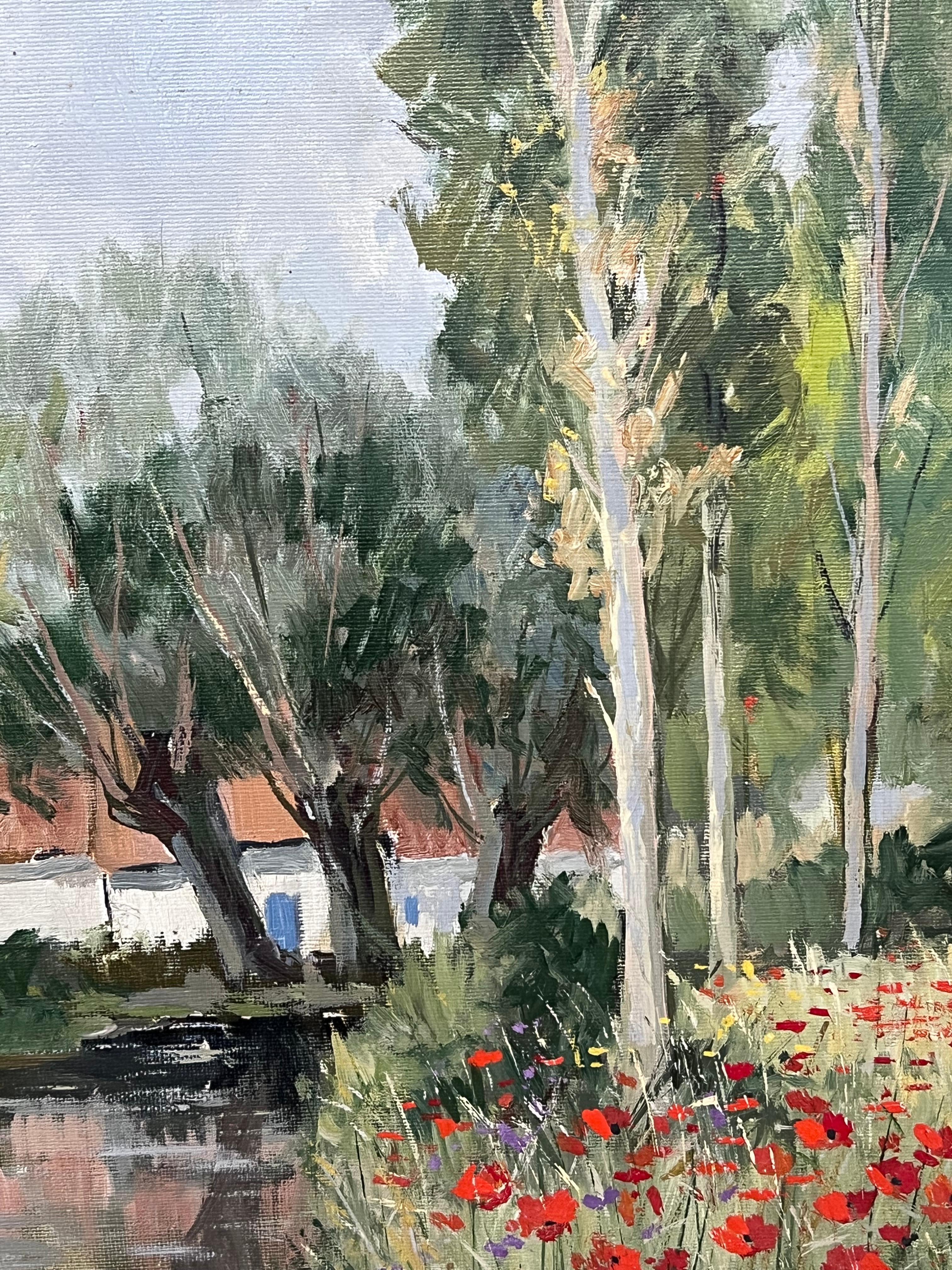 Pittura a olio d'epoca impressionista francese firmata Campi di papaveri vicino a un fiume tranquillo in vendita 2