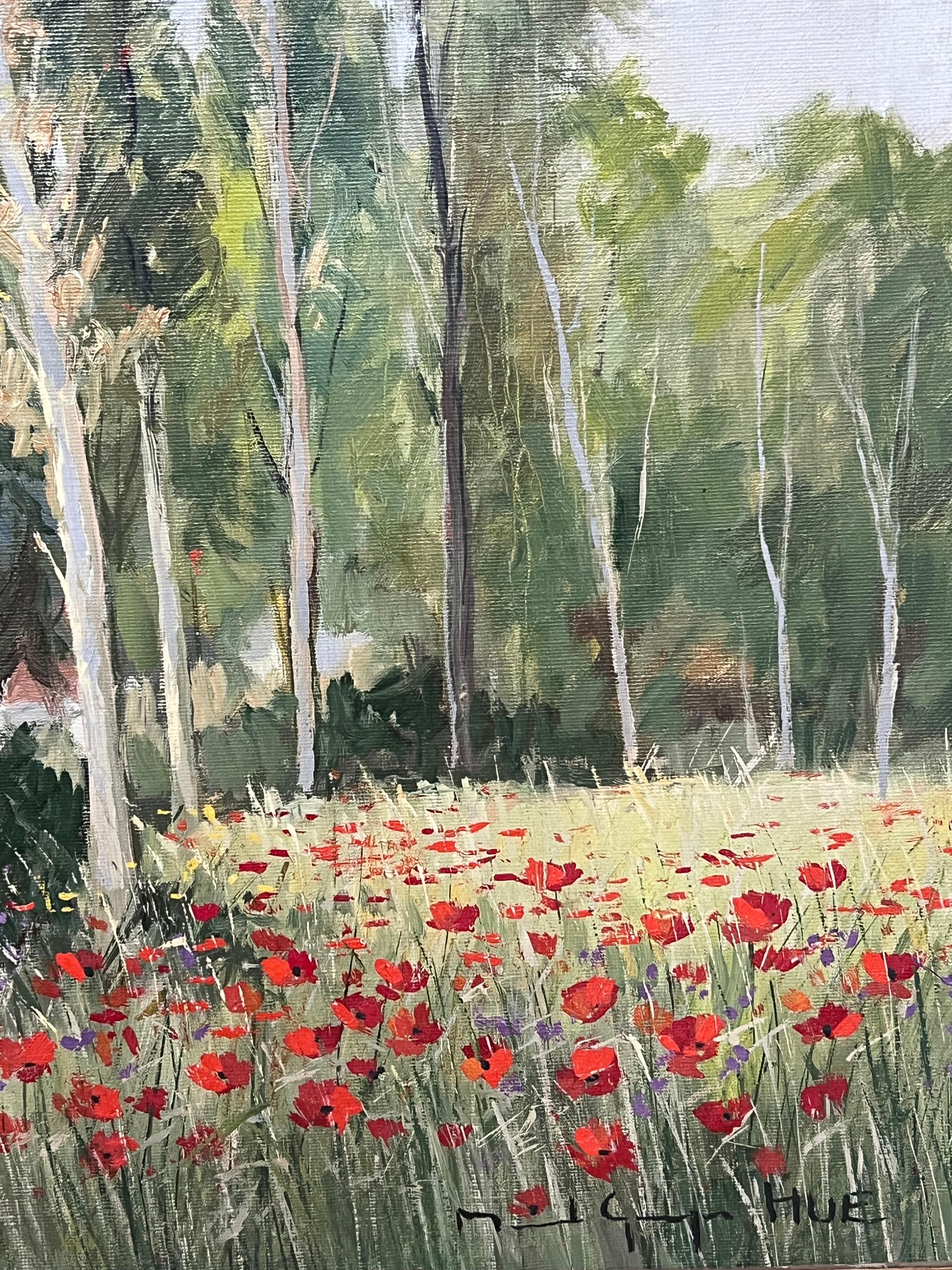 Pittura a olio d'epoca impressionista francese firmata Campi di papaveri vicino a un fiume tranquillo in vendita 3