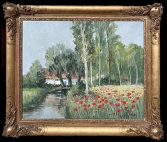 Signed French Impressionist Vintage Oil Painting Poppy Fields by Tranquil River
