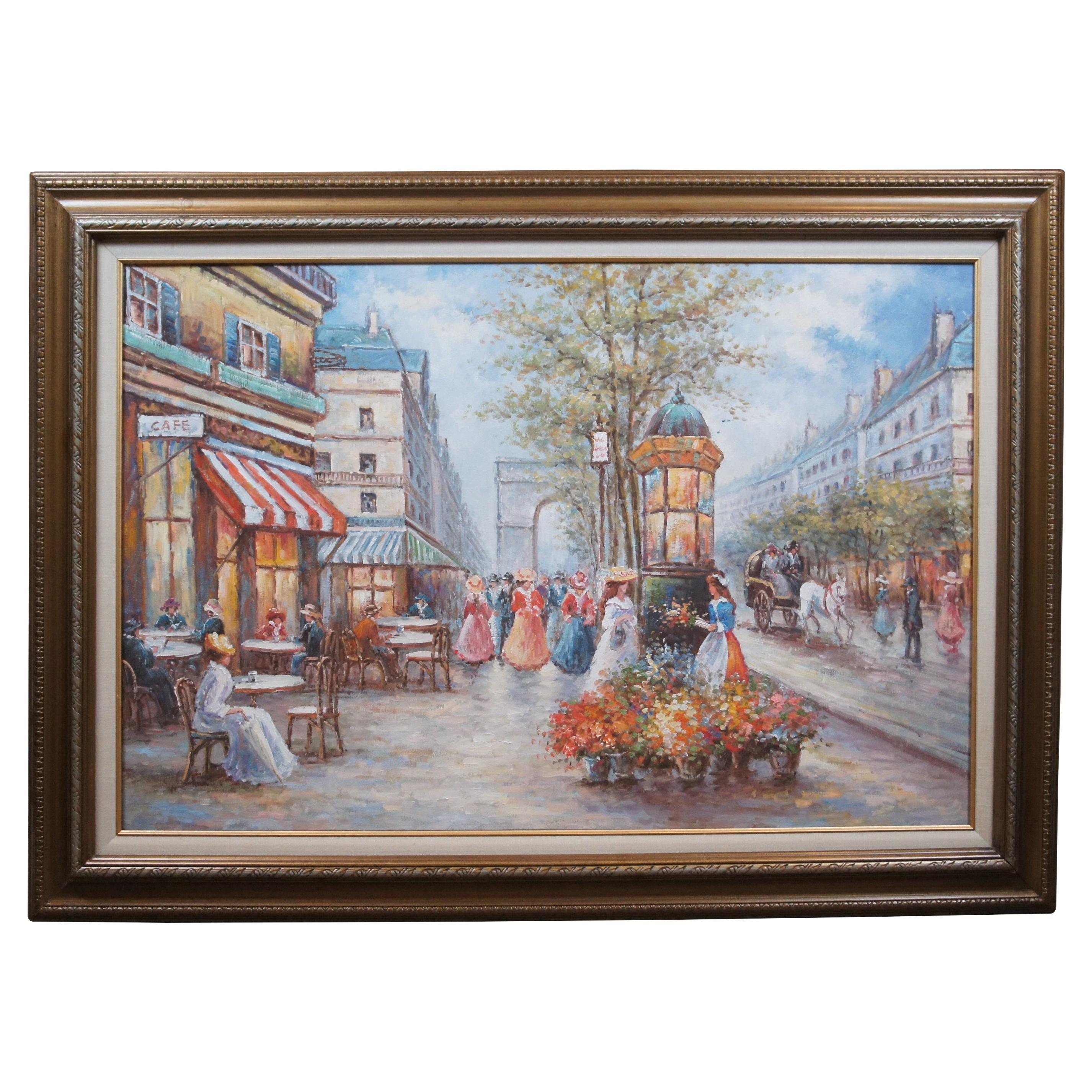 Peinture à l'huile sur toile Impressionniste française Paris Cityscape Arc de Triomphe 44" en vente