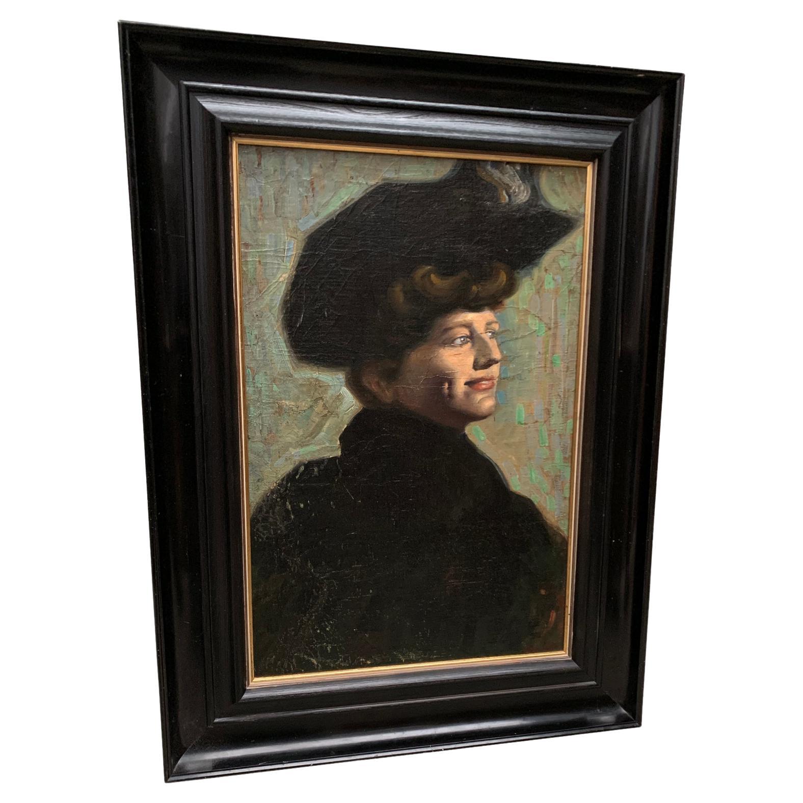 Impressionist portrait painting of a lady with a black hat and a happy smiling face from around 1890-1920. This Liberty style lady portrait in oil, is most likely painted by a French artist in the typical manners of the end of the 19th Century on a