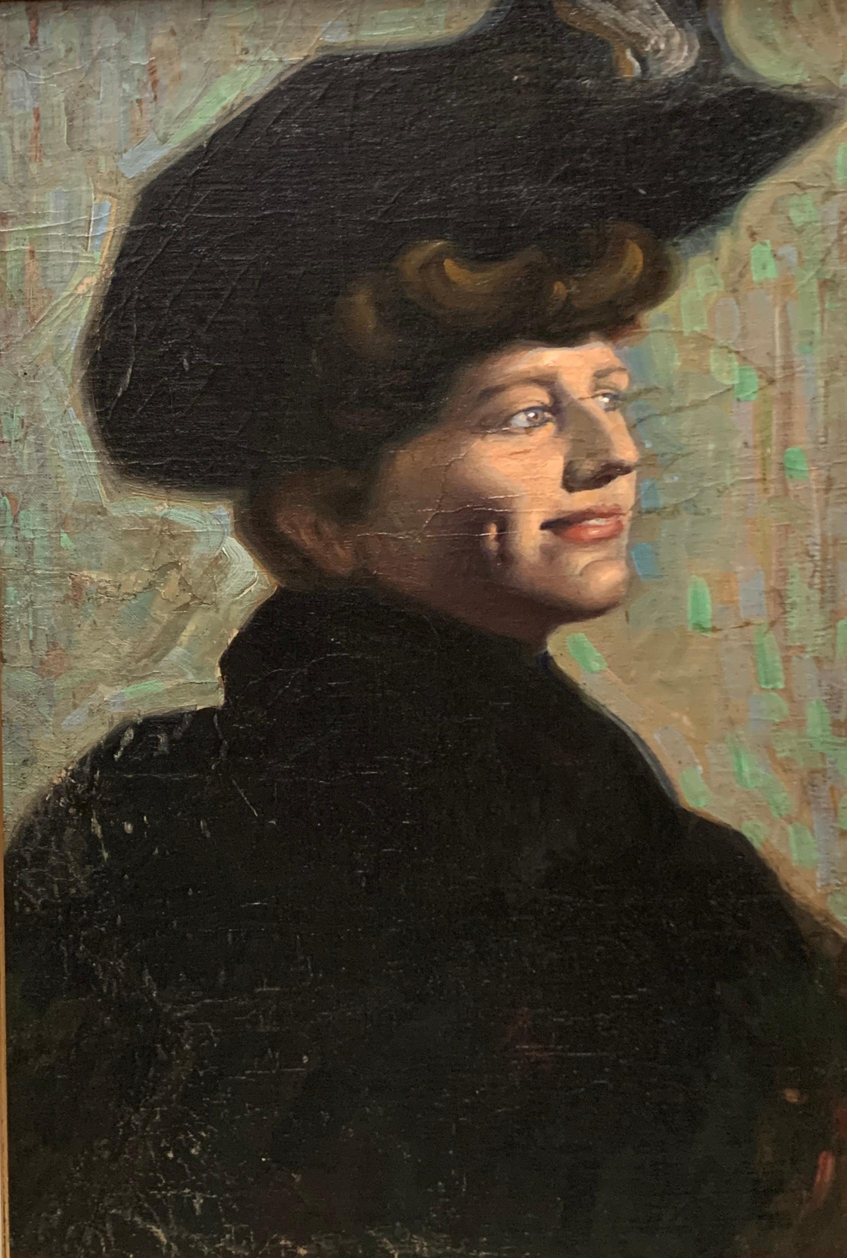 Oiled French Impressionist Portrait of a Smiling Lady in Hat For Sale