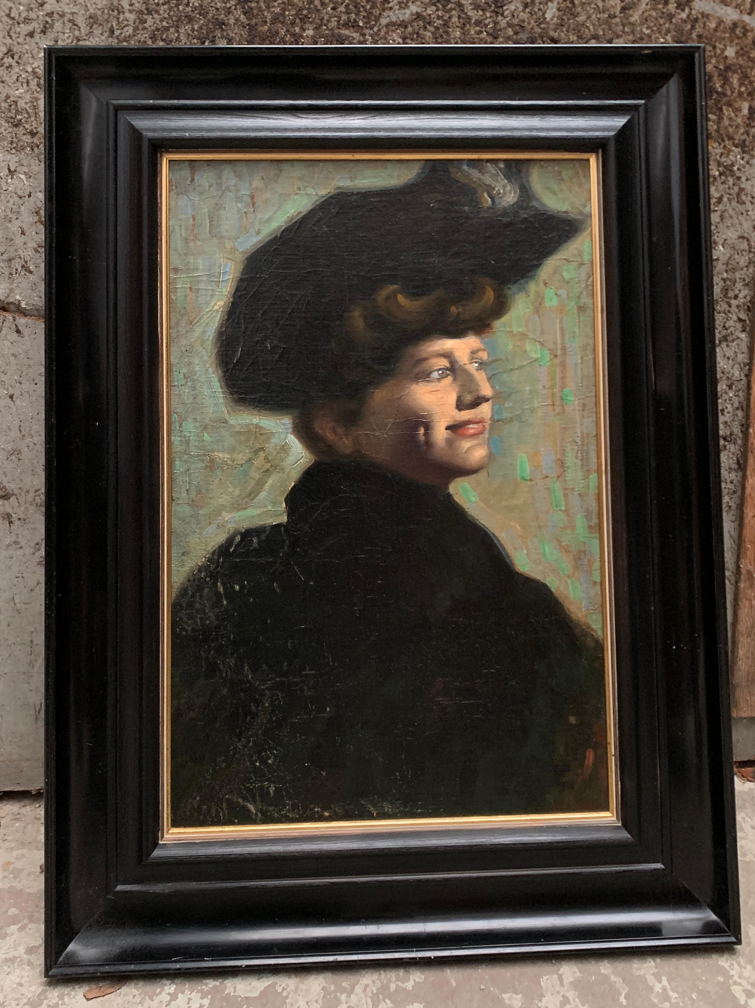 French Impressionist Portrait of a Smiling Lady in Hat In Good Condition For Sale In Haddonfield, NJ