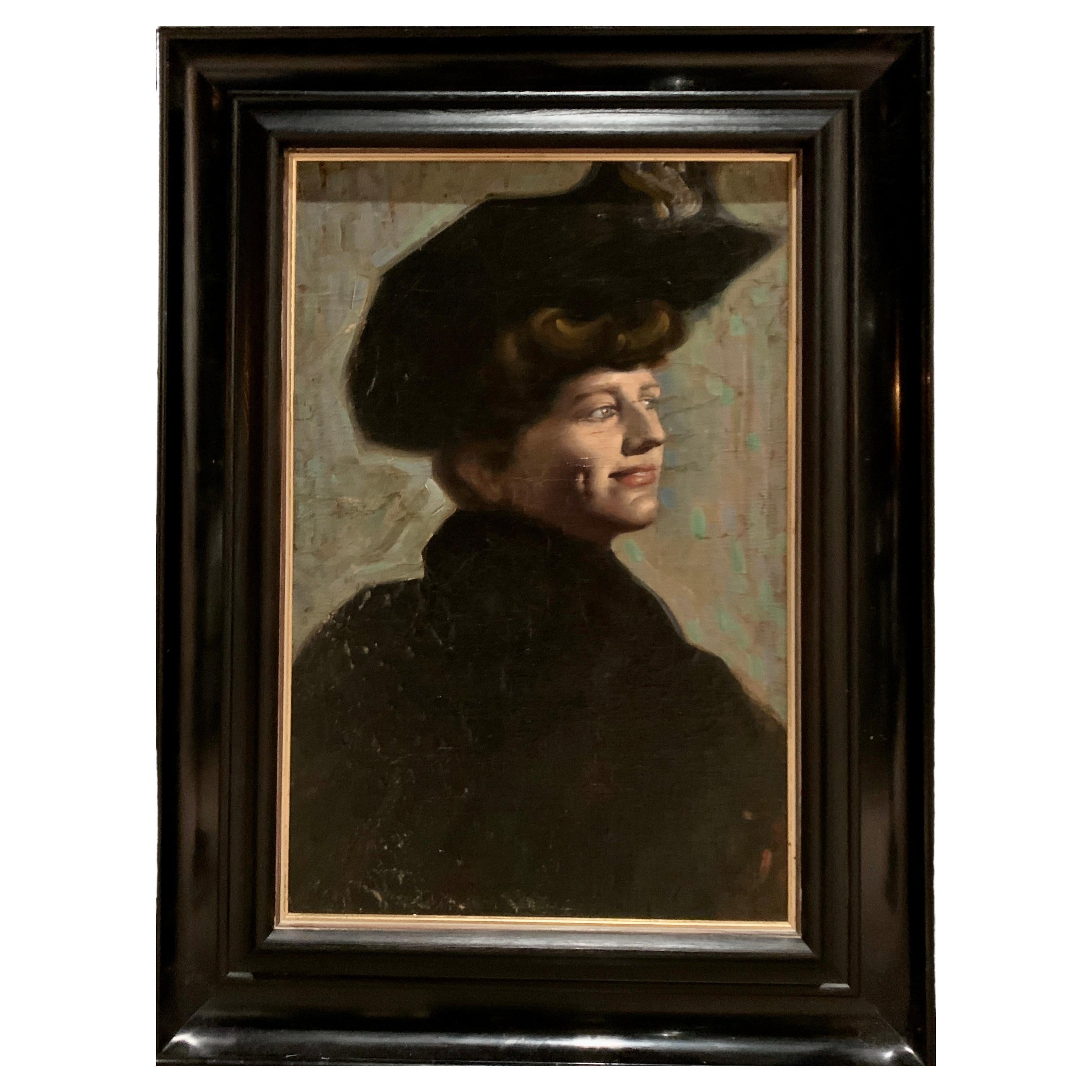 French Impressionist Portrait of a Smiling Lady in Hat For Sale