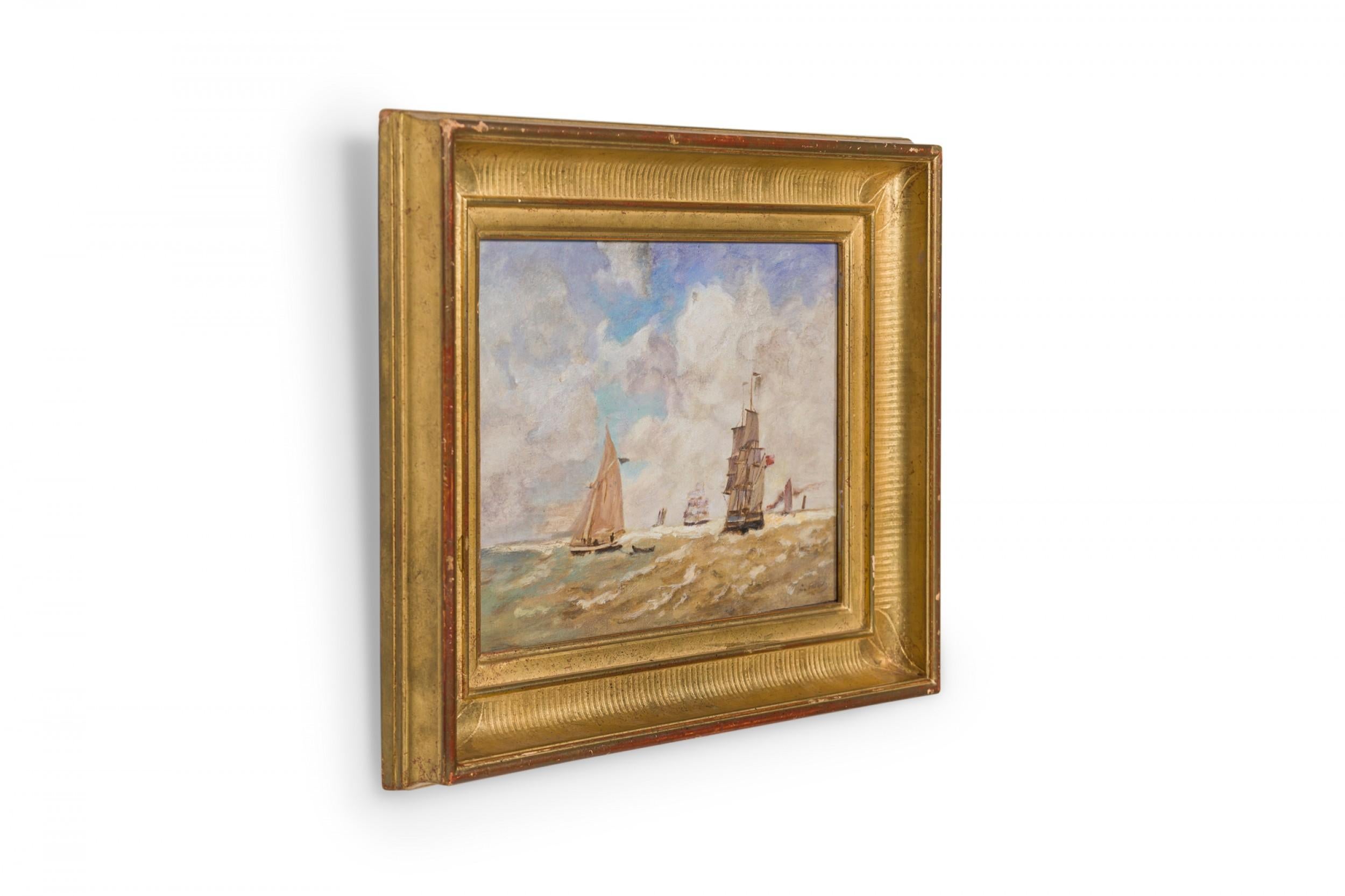 Copy of a French Impressionist seascape painting of tall ships at sea with smaller boat in foreground