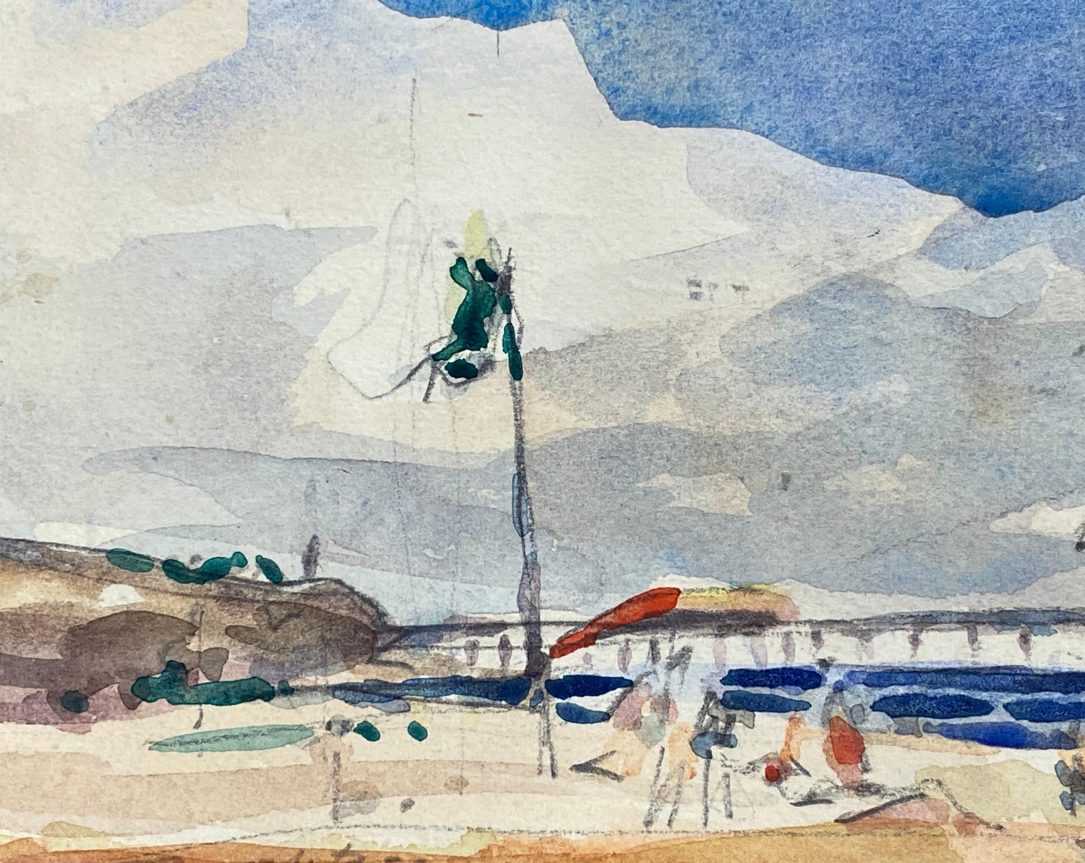 French Impressionist Signed Watercolour, Bright Blue Skies Over The Beach In Good Condition For Sale In Cirencester, GB
