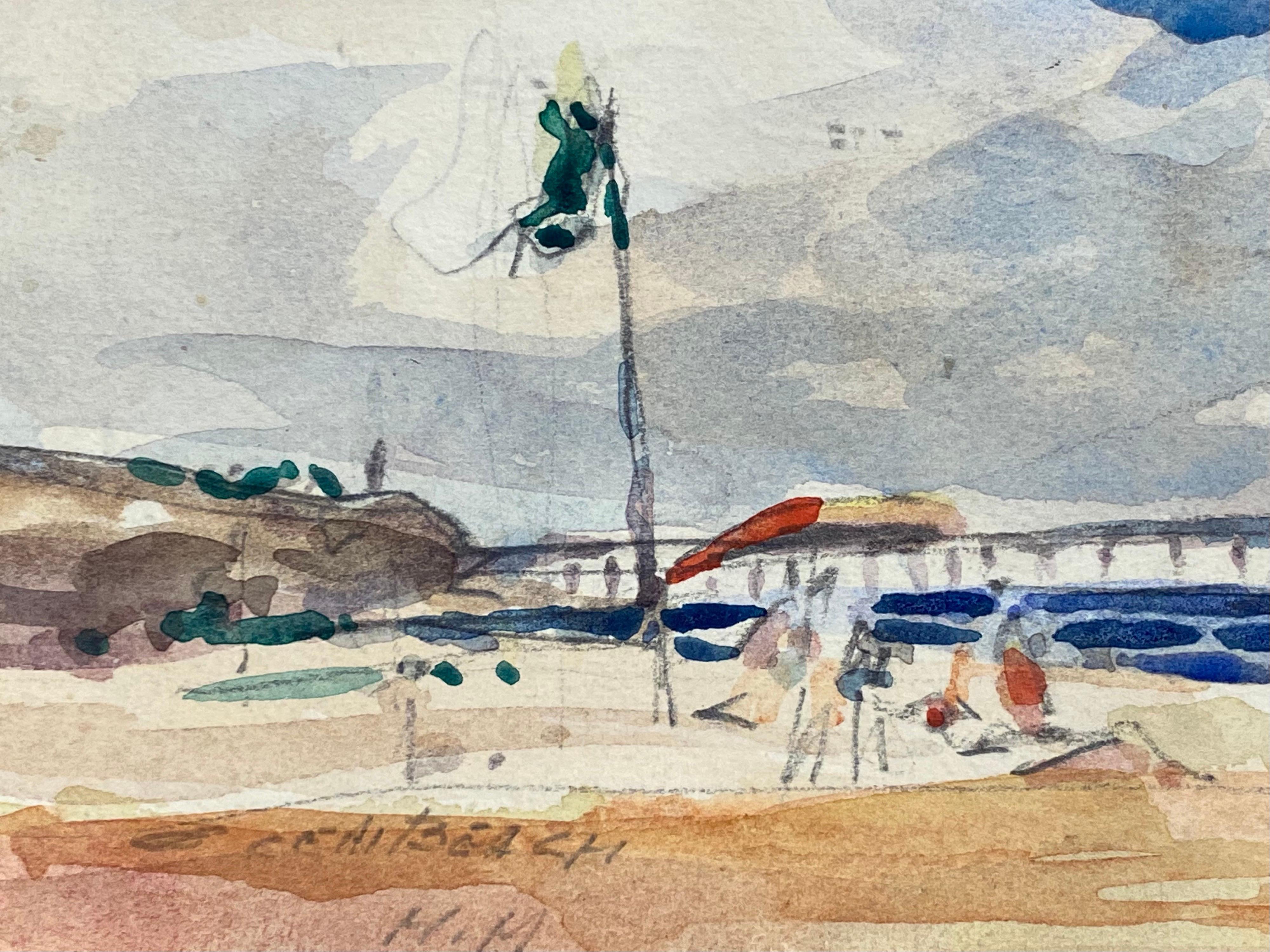 20th Century French Impressionist Signed Watercolour, Bright Blue Skies Over The Beach For Sale