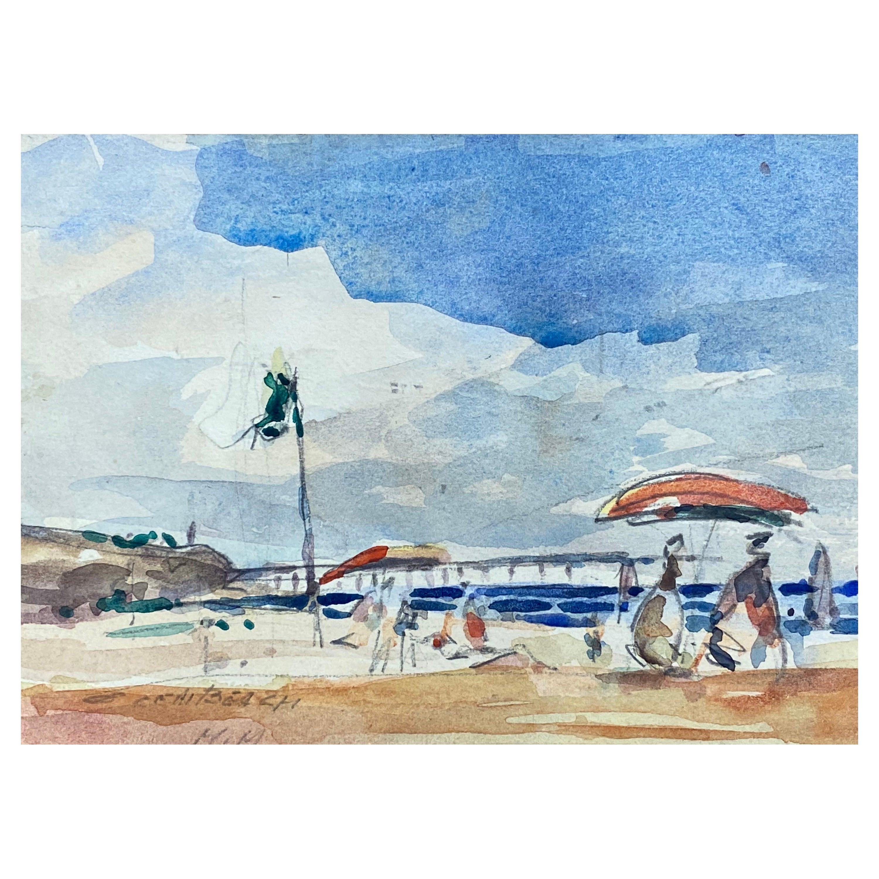 Signiertes Aquarell des französischen Impressionisten, leuchtend blauer Himmel über dem Strand
