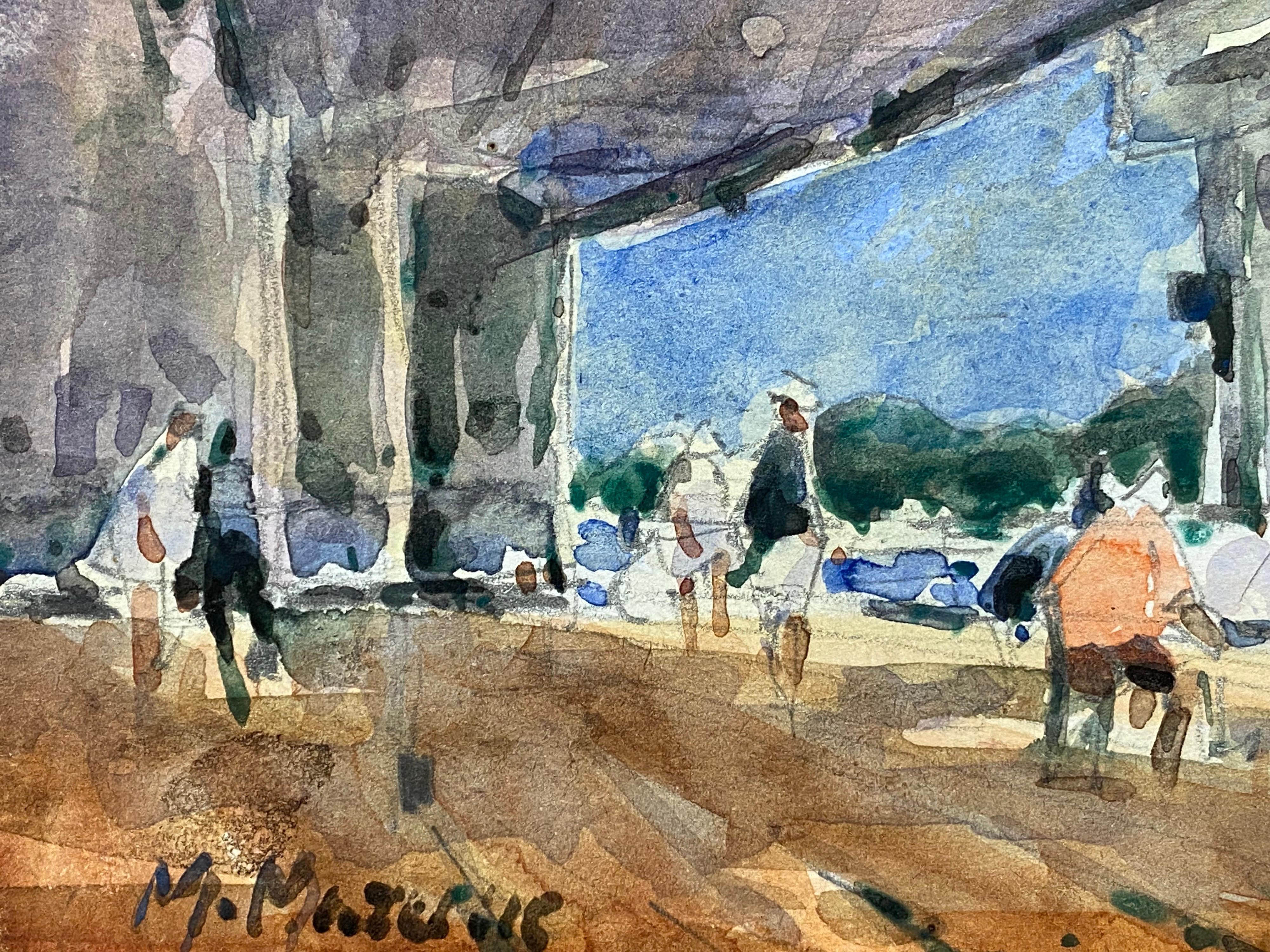 20th Century French Impressionist Signed Watercolour, Figures at the Pier For Sale