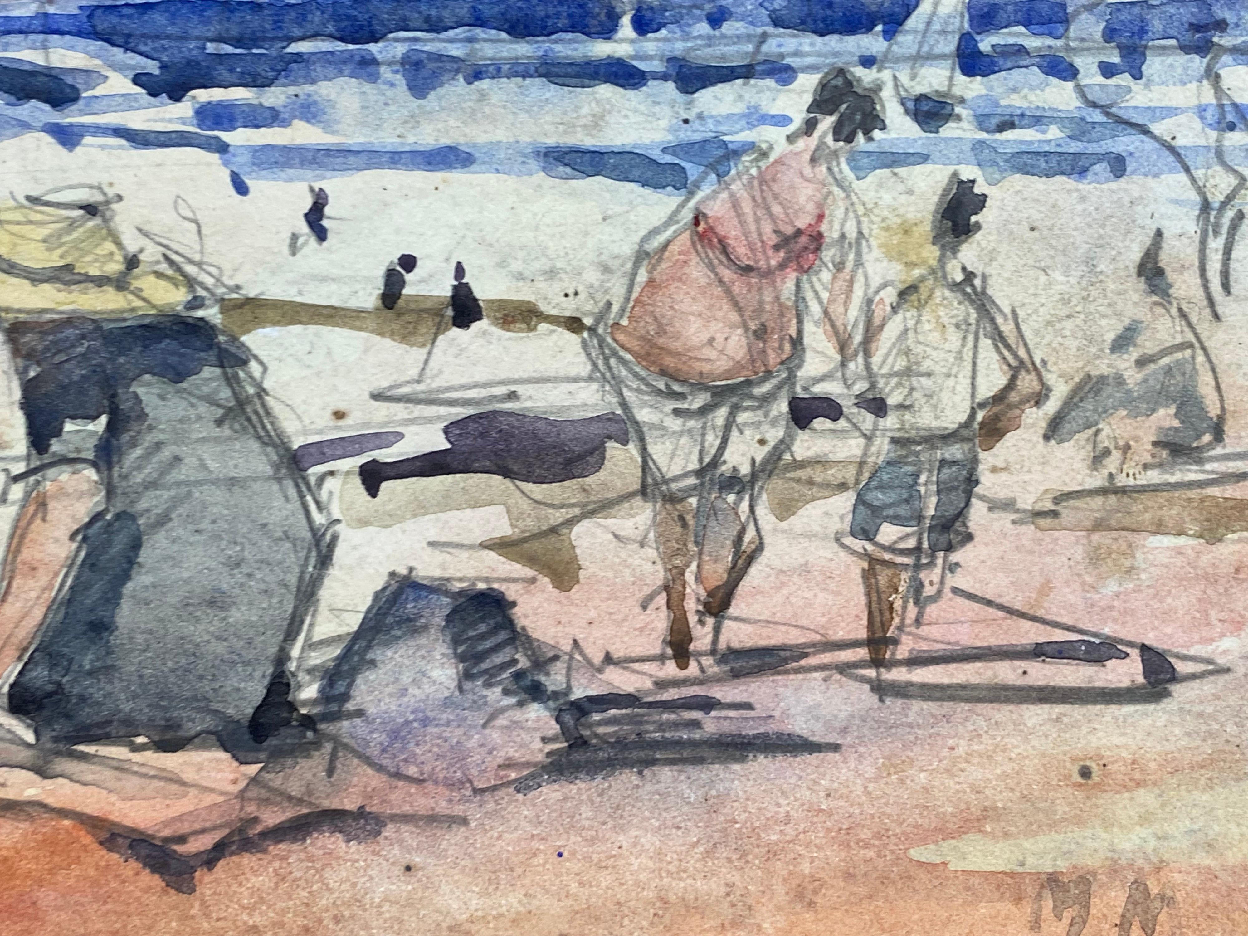 French Impressionist Signed Watercolour, Figures on Bright Beach In Good Condition For Sale In Cirencester, GB