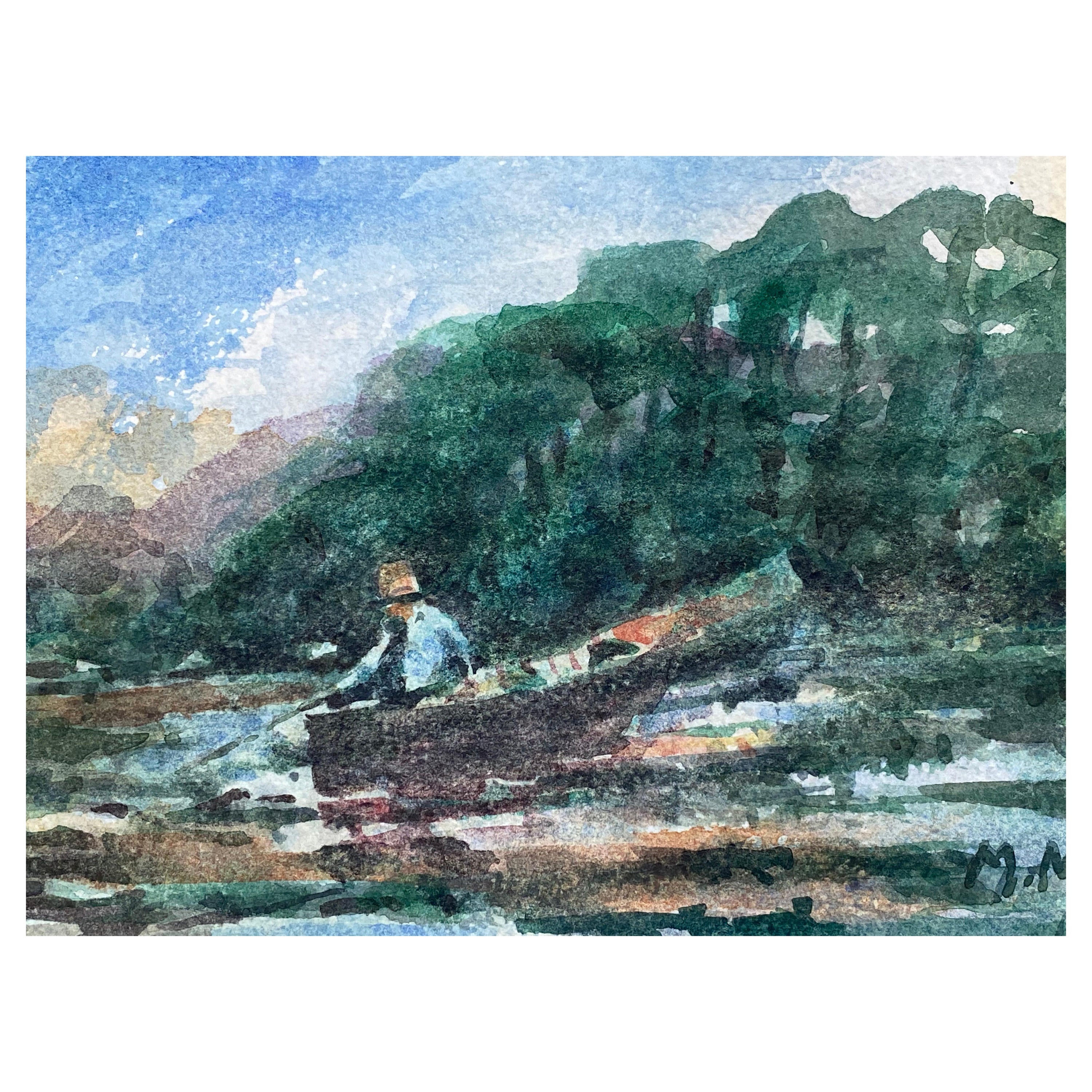 Aquarelle impressionniste française signée, pêcheur au lac Tranquil