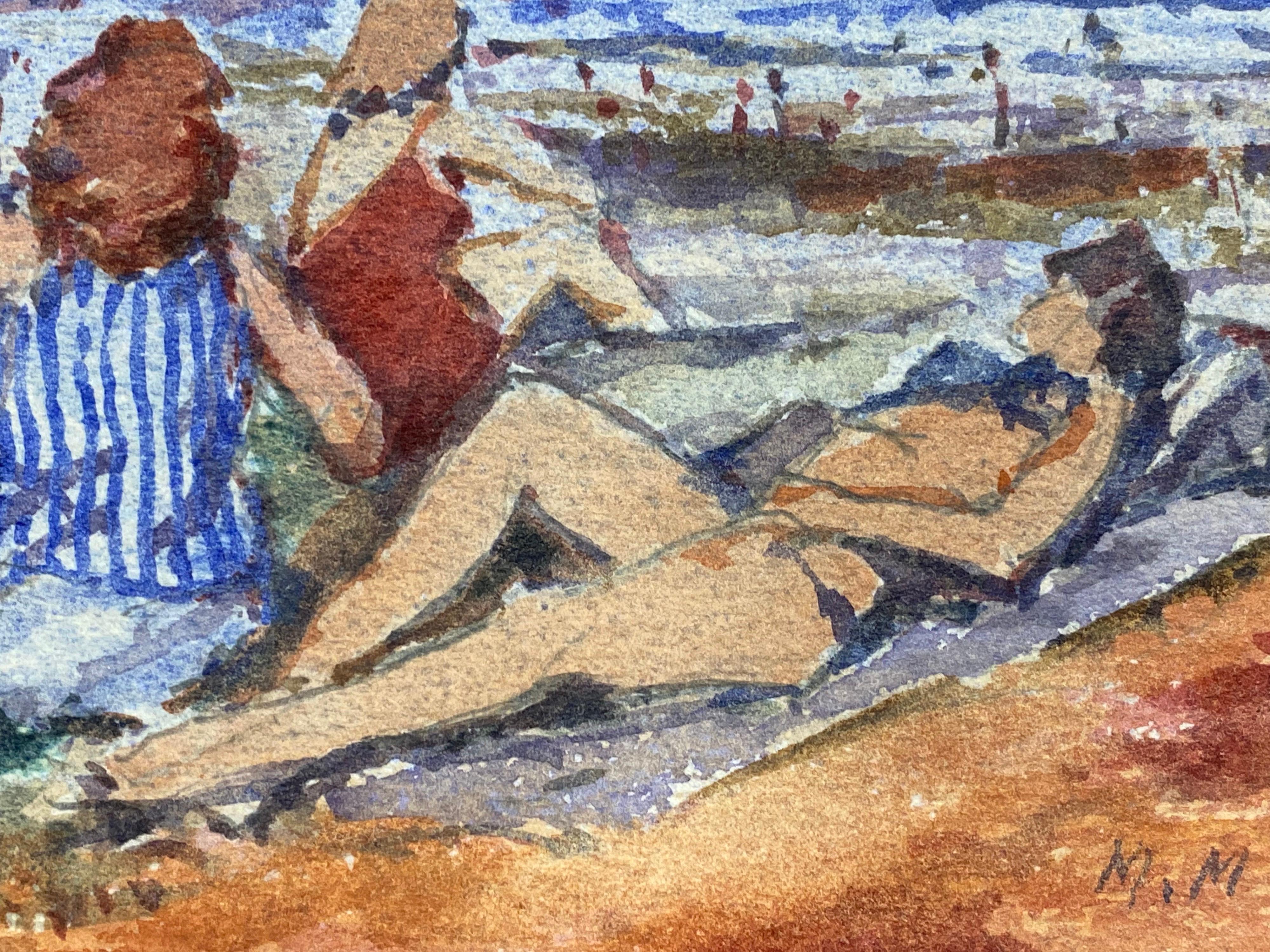 Acuarela Impresionista Francesa Firmada, Día de Señoras en la Playa en Bueno estado para la venta en Cirencester, GB