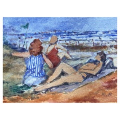 Signiertes Aquarell, Ladies Day At The Beach, Französischer Impressionist