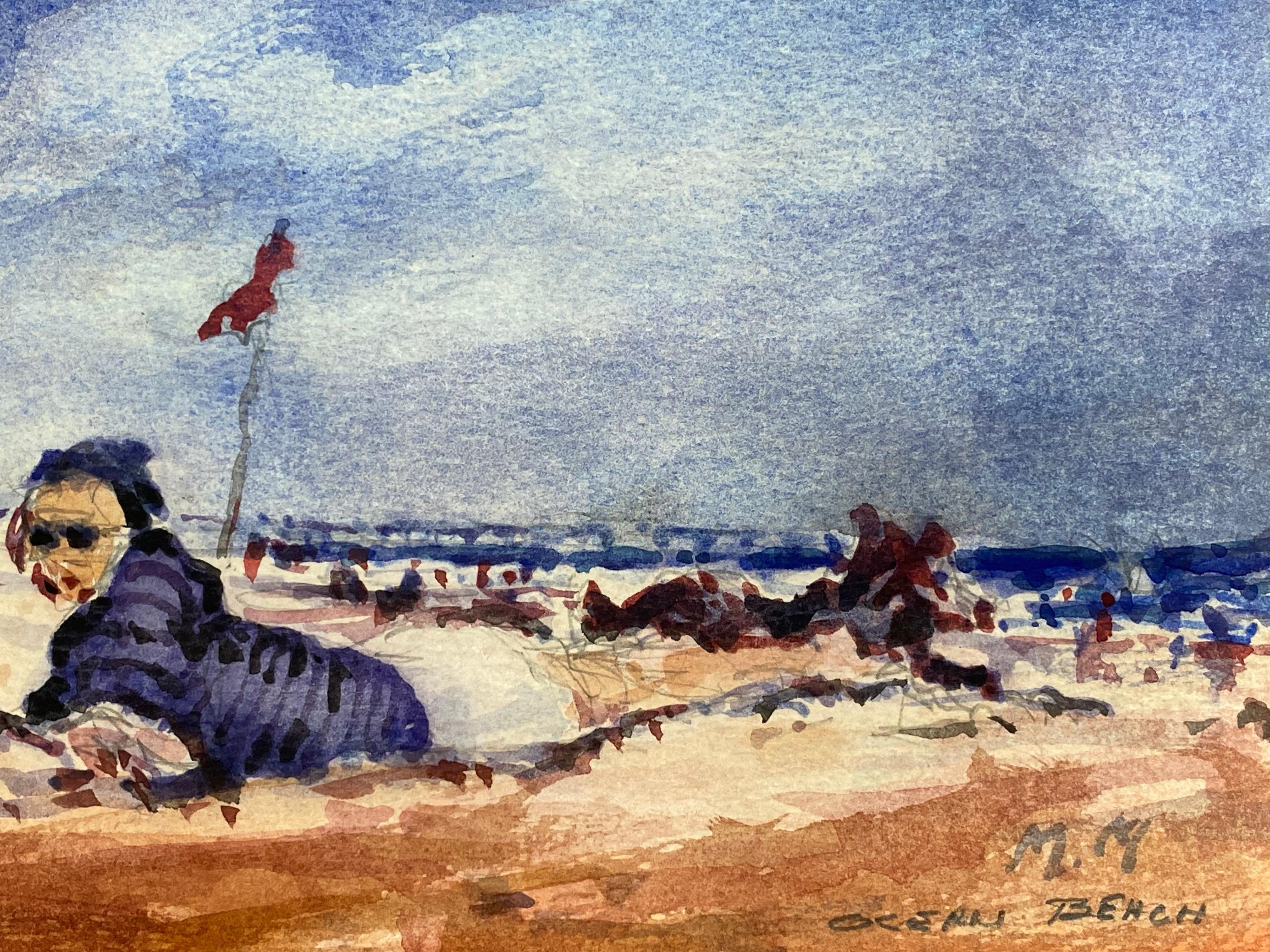 French Impressionist Signed Watercolour, Sun Bathers Landscape In Good Condition For Sale In Cirencester, GB