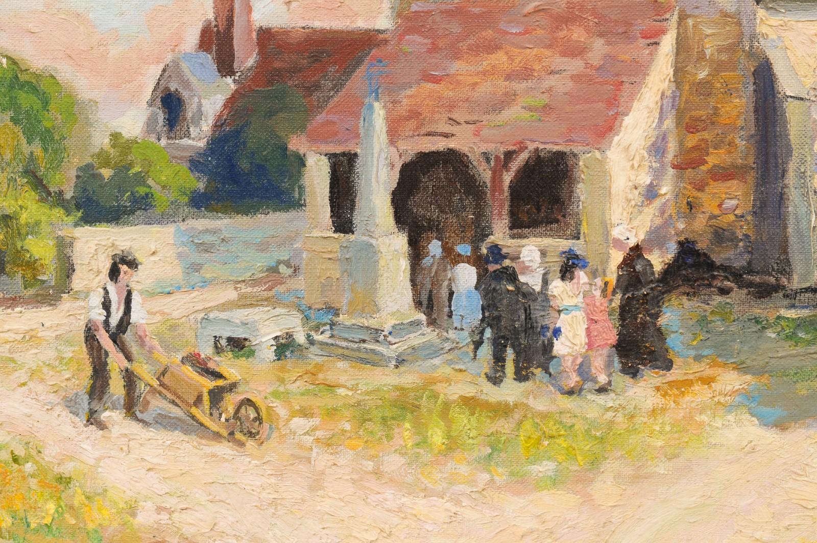 Peinture à l'huile sur toile de style impressionniste français des années 1950 représentant une petite église en vente 2