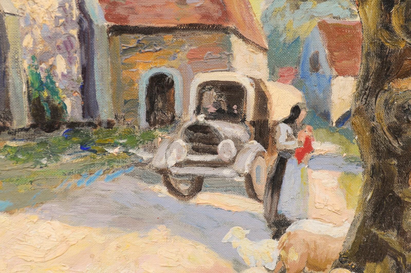 Peinture à l'huile sur toile de style impressionniste français des années 1950 représentant une petite église en vente 3