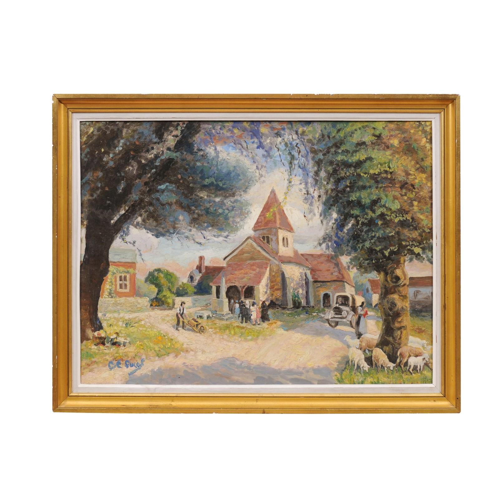 A French Impressionist style framed oil on canvas painting from the mid 20th century, depicting a church in a village. Created in France during the midcentury period, this horizontal painting depicts a Sunday morning in a small village. Our eye is