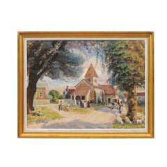 French Impressionist Style 1950s Oil on Canvas Painting Depicting a Small Church
